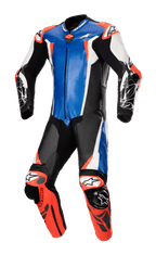Alpinestars Racing Absolute V2 læderdragt i ét stykke, metalblå, sort, hvid og rød fluo, professionel motorcykelracerdragt, kængurulæder, eksterne GP DFS-glidere på skuldre og knæ, perforerede paneler til banekørsel.