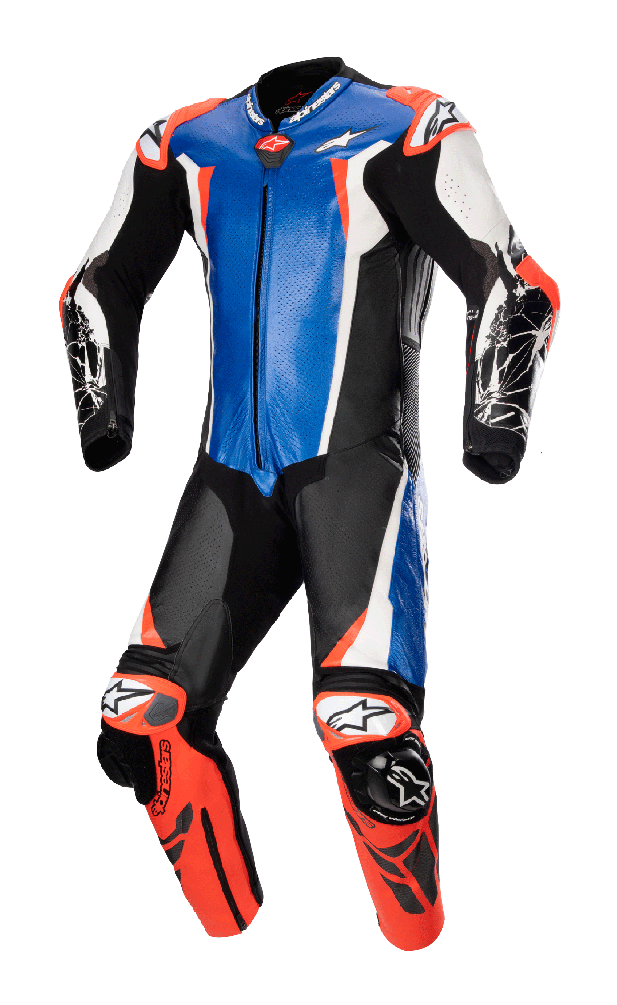 Alpinestars Racing Absolute V2 læderdragt i ét stykke, metalblå, sort, hvid og rød fluo, professionel motorcykelracerdragt, kængurulæder, eksterne GP DFS-glidere på skuldre og knæ, perforerede paneler til banekørsel.