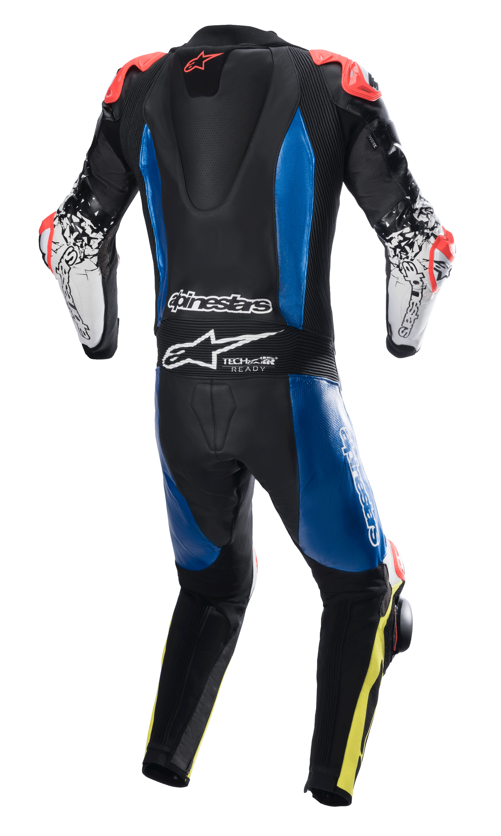 Alpinestars GP Tech V4 læderdragt, 1-delt læderdragt til racing, sort med blå paneler og neonrøde accenter, set bagfra med aerodynamisk pukkel og Tech-Air Ready-branding, hvide ærmer med sort grafik og neongule detaljer på benene, professionelt racerudstyr til banekørsel