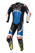 Alpinestars GP Tech V4 læderdragt, ét-delt motorcykelracingdragt, sort, blå og fluoriserende gul med hvide og røde detaljer, professionelt baneklart design, med MATRYX-paneler og forstærket beskyttelse på skuldre og knæ, førsteklasses læderkonstruktion til højtydende kørsel