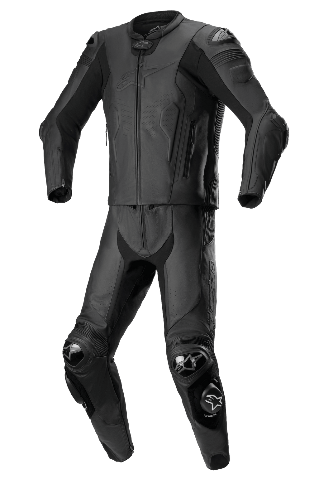 Alpinestars Missile V2 2-delt læderdragt, sort, motorcykelracingdragt, forstærkede skuldre, albuer og knæ med beskyttende slidere, aerodynamisk design med jakke og bukser med lynlås, premium læderkonstruktion med teksturerede paneler