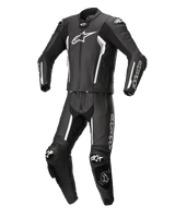 Alpinestars Missile V2 2-Piece Leather Suit, Black and White, professional motorcycle racing suit, premium leather construction with white accents and logos, featuring protective armor and knee sliders, sleek aerodynamic design
