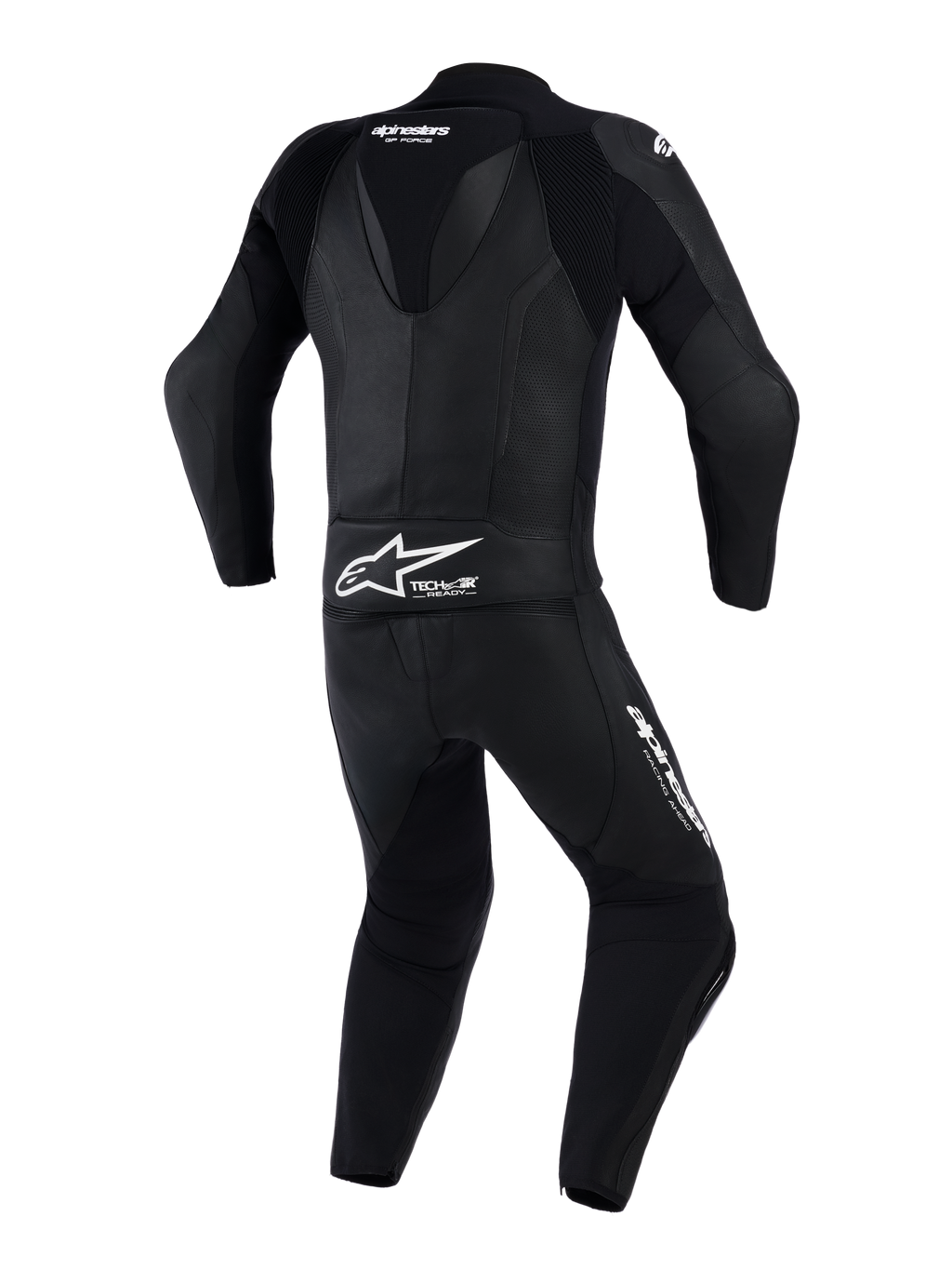 Alpinestars GP Force V2 todelt læderdragt, motorcykeldragt, sort, set bagfra med aerodynamisk fartpukkel og perforerede læderpaneler, Alpinestars-branding og Tech-Air Ready-logo på lænden, designet til højtydende banekørsel