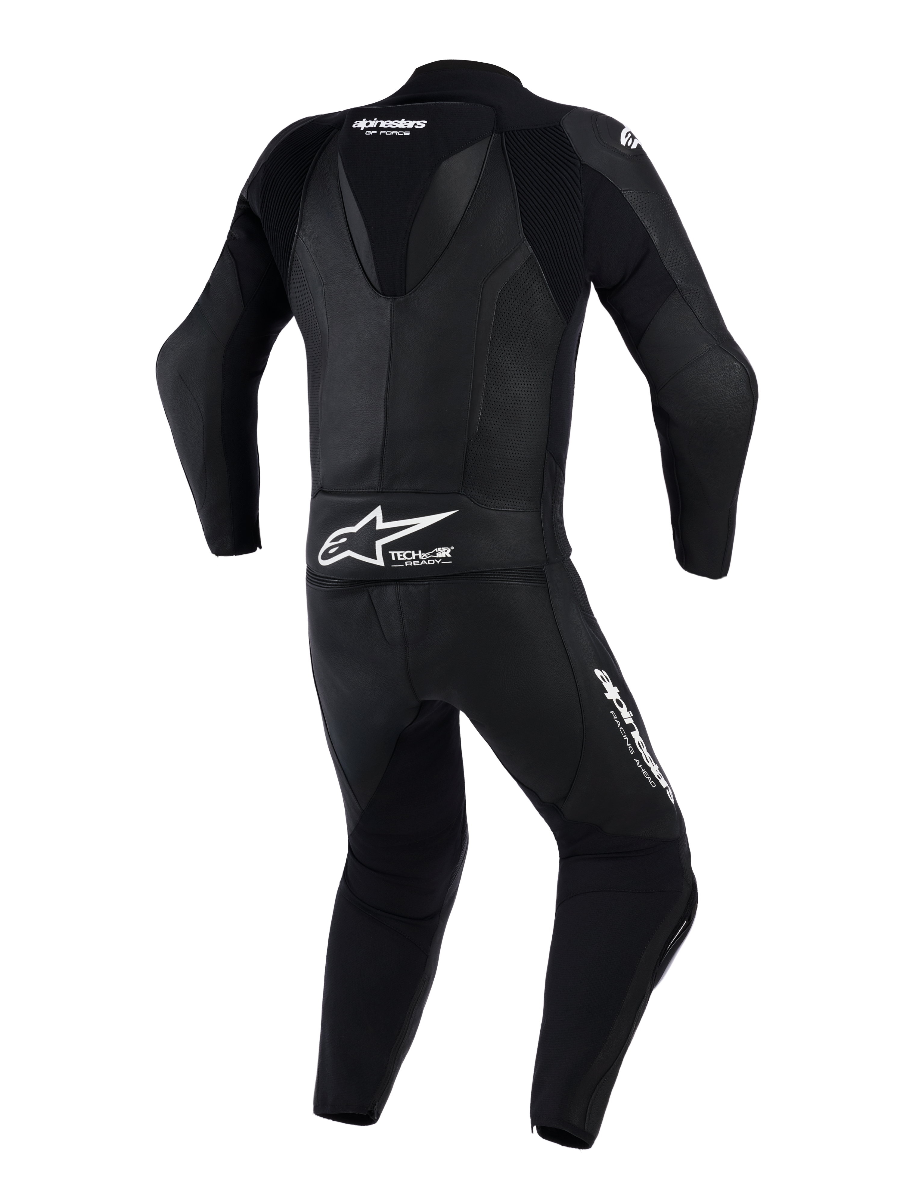 Alpinestars GP Force V2 todelt læderdragt, motorcykeldragt, sort, set bagfra med aerodynamisk fartpukkel og perforerede læderpaneler, Alpinestars-branding og Tech-Air Ready-logo på lænden, designet til højtydende banekørsel