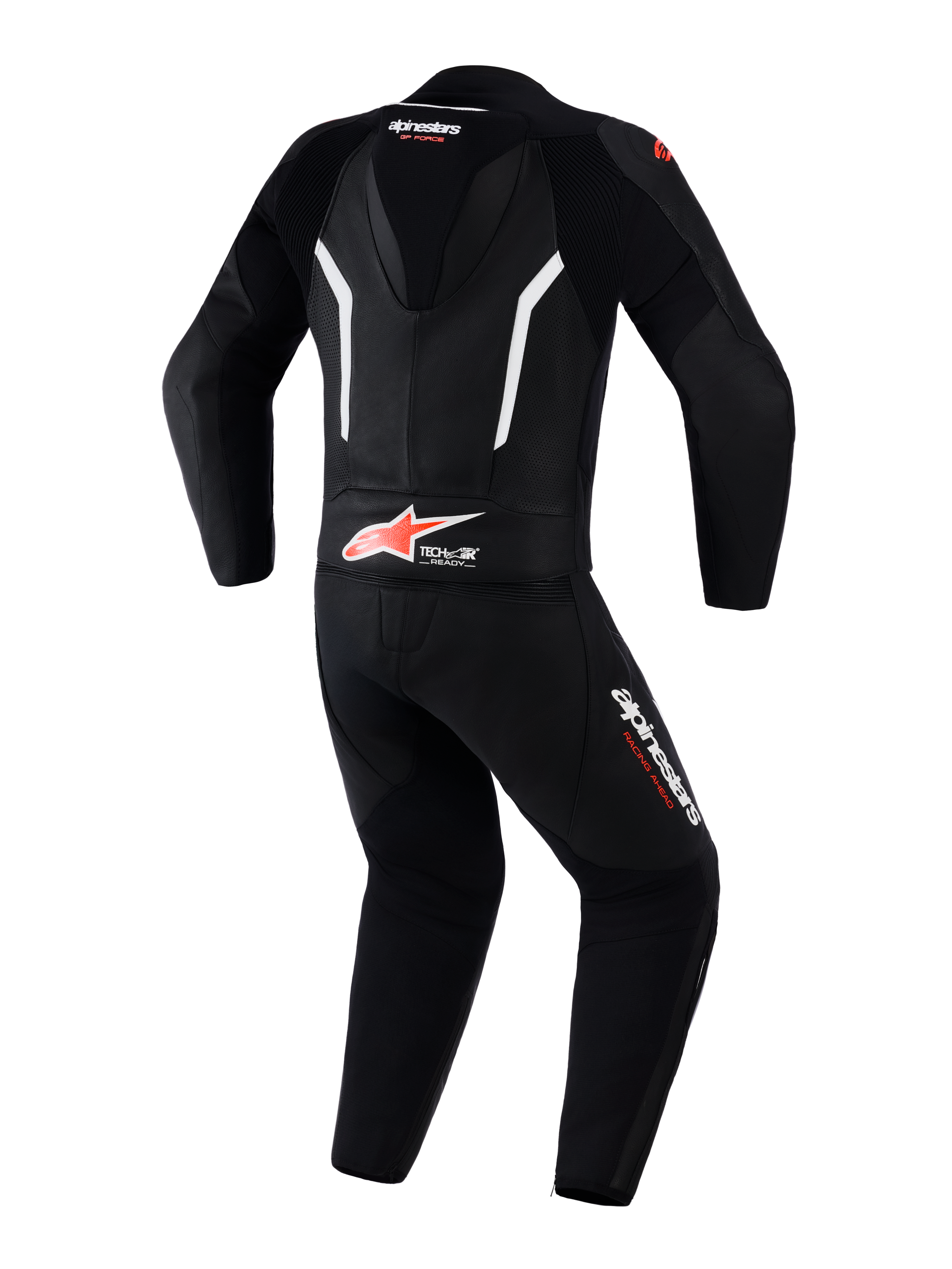 Alpinestars GP Force V2 Leather Suit 2-Piece, Motorcycle Racing Suit, Black White and Red Fluo, rear view showing aerodynamic speed hump, Tech-Air Ready branding on the lower back, perforated leather panels for ventilation, and Alpinestars logos on the legs and neck.