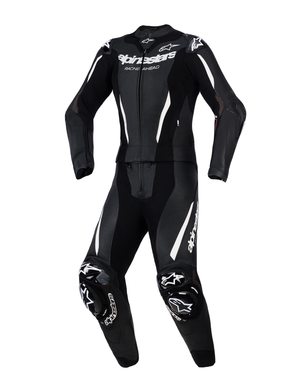 Alpinestars Stella GP-R7 2-delt læderdragt, motorcykeldragt til kvinder, sort med hvide detaljer og branding, med perforeret læder til ventilation, udvendig DFS-beskyttelse på skuldre og knæ samt en præ-buet atletisk pasform.