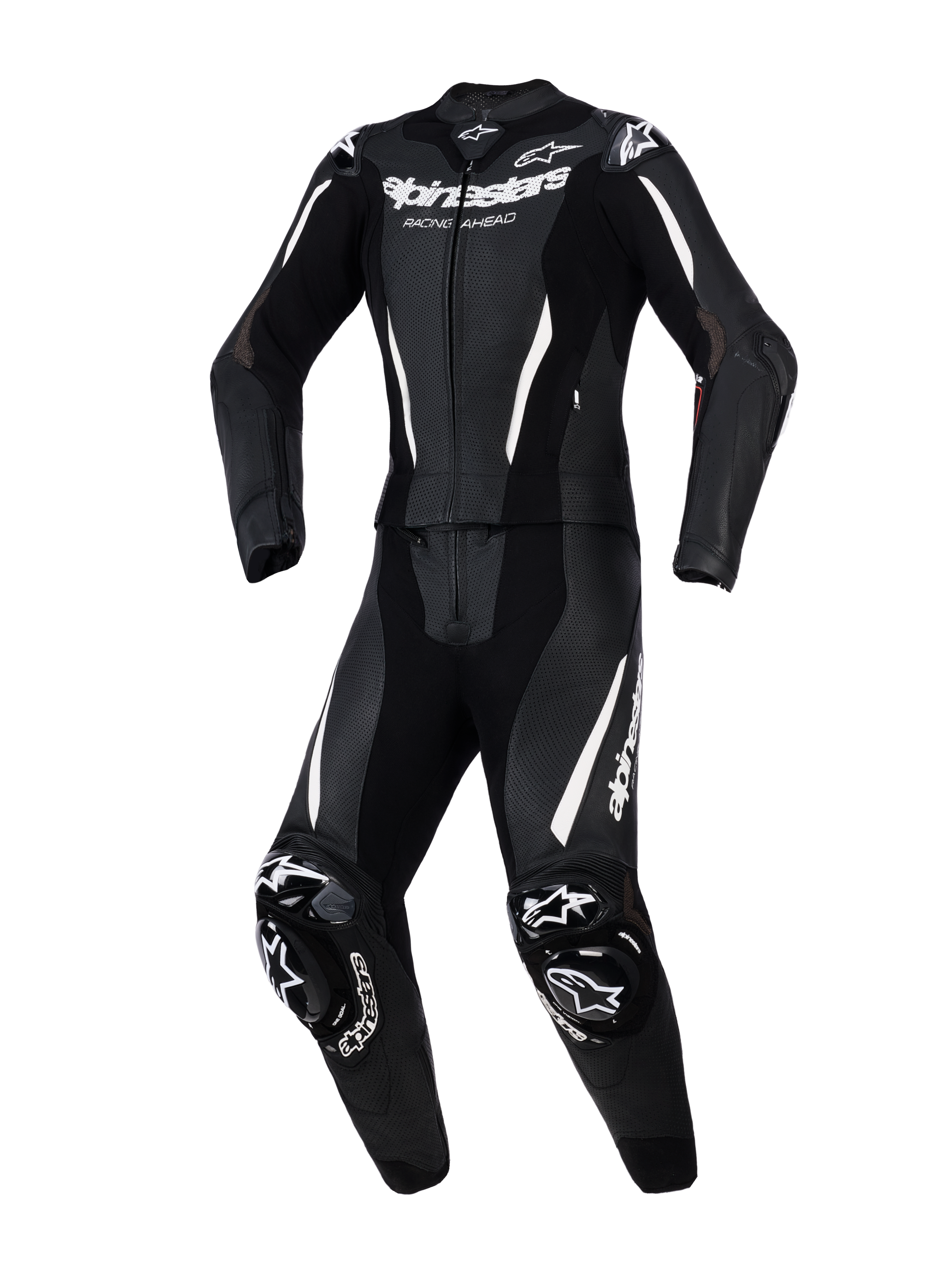 Alpinestars Stella GP-R7 2-delt læderdragt, motorcykeldragt til kvinder, sort med hvide detaljer og branding, med perforeret læder til ventilation, udvendig DFS-beskyttelse på skuldre og knæ samt en præ-buet atletisk pasform.
