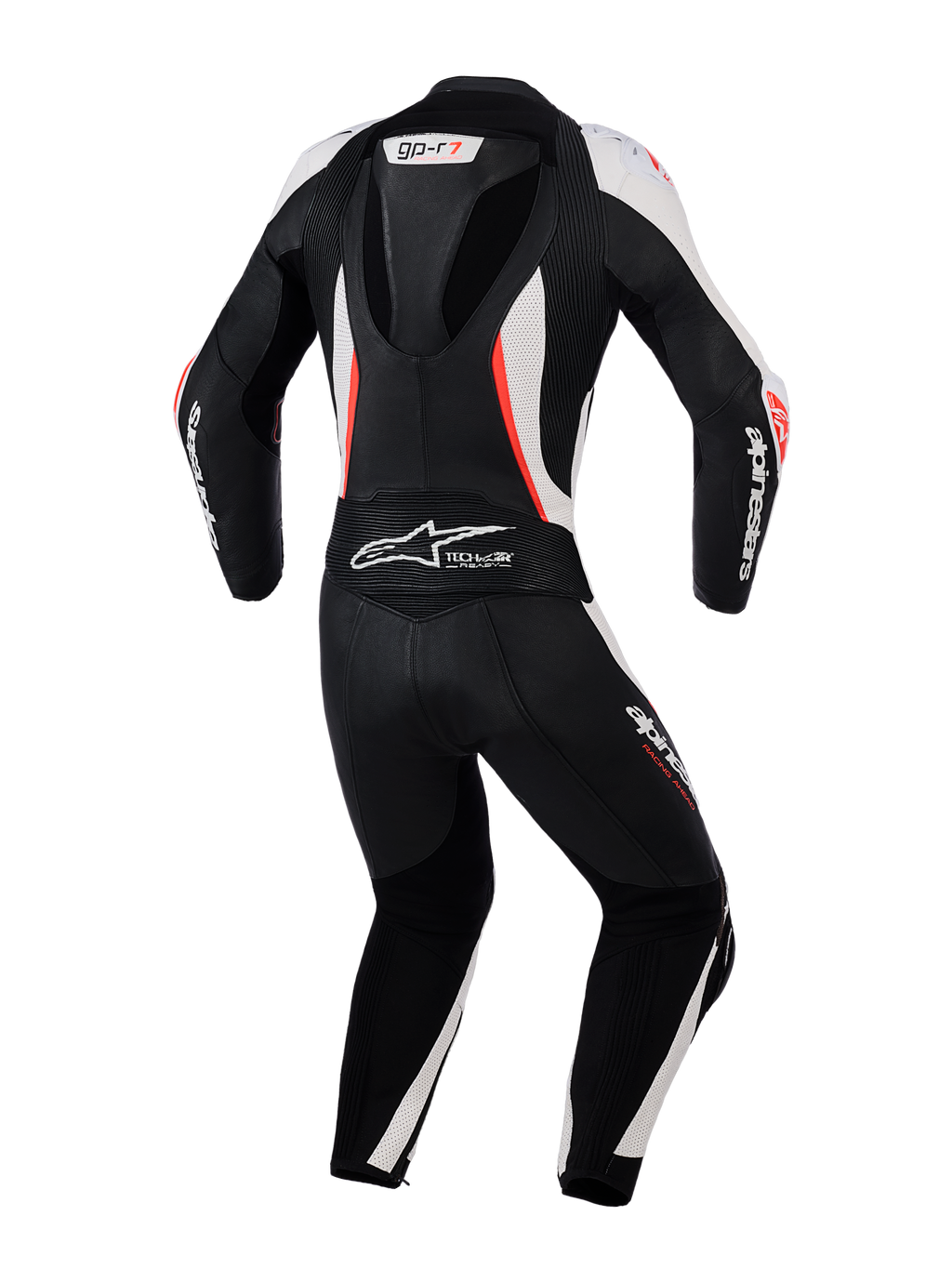 Alpinestars Stella GP-R7 2-delt læderdragt til kvinder, set bagfra, sort, hvid og fluorescerende rød, aerodynamisk pukkel, harmonika-strækpaneler og perforeret læder til professionel racing-performance.