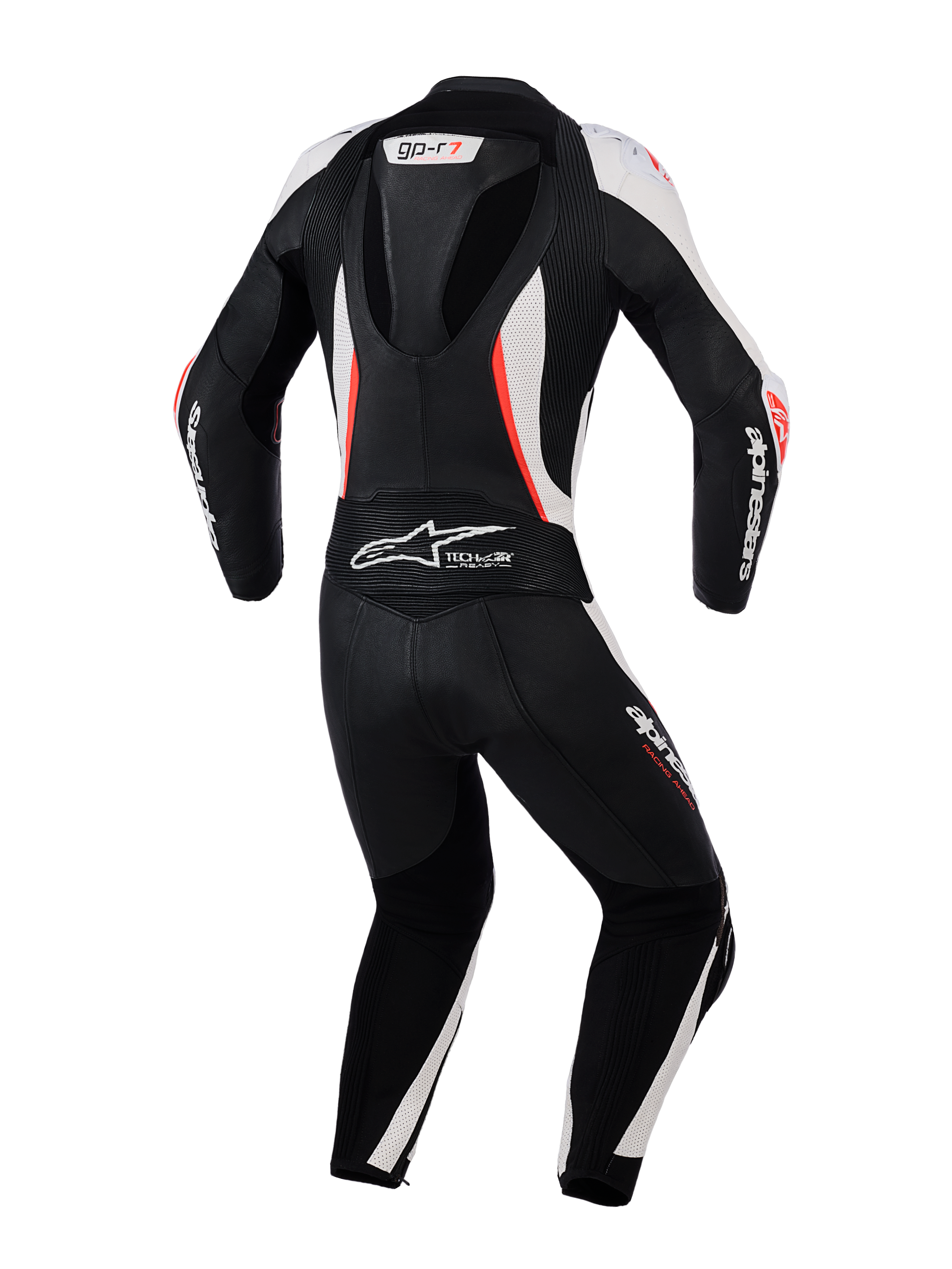 Alpinestars Stella GP-R7 2-delt læderdragt til kvinder, set bagfra, sort, hvid og fluorescerende rød, aerodynamisk pukkel, harmonika-strækpaneler og perforeret læder til professionel racing-performance.