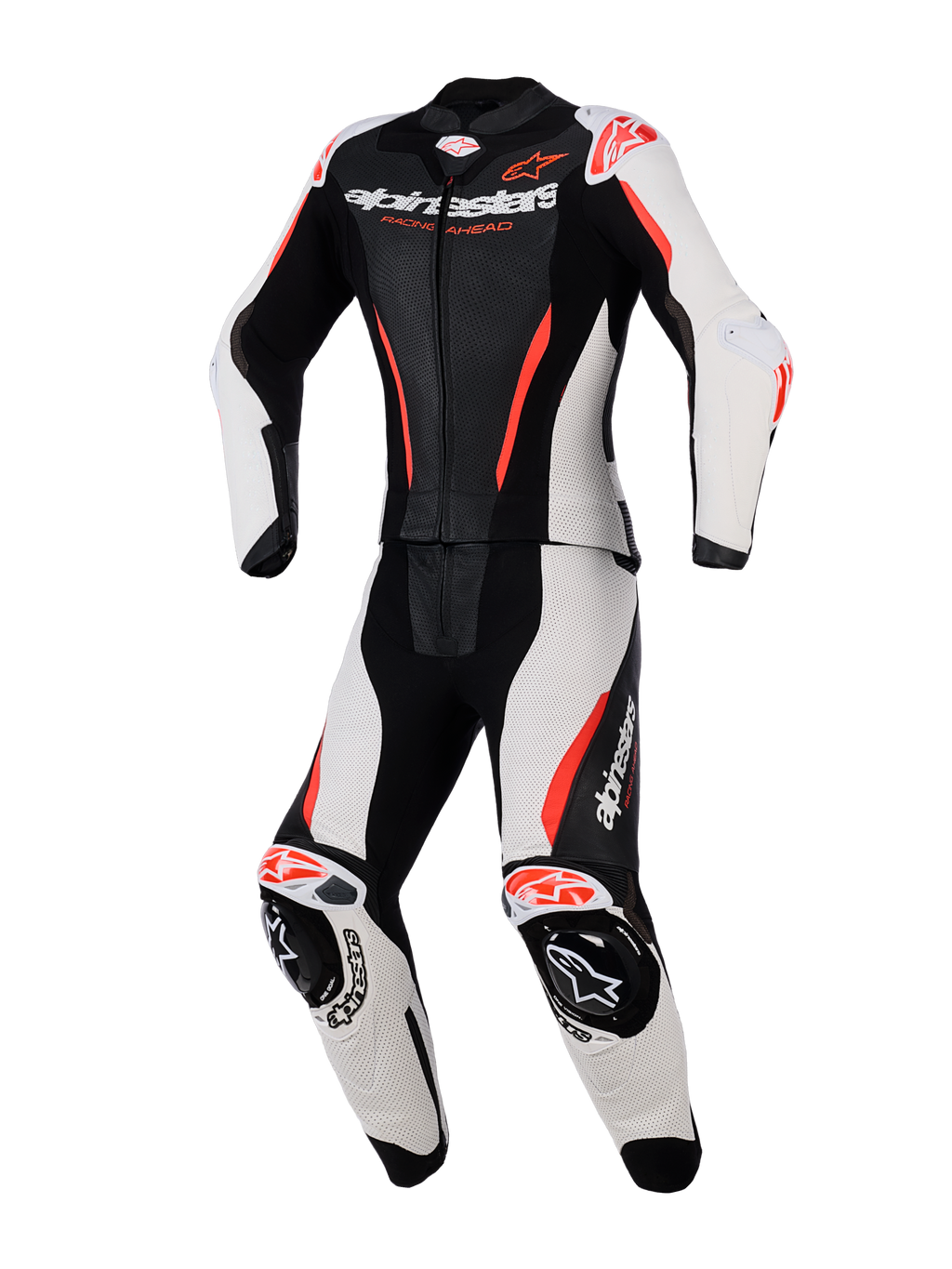 Alpinestars Stella GP-R7 2-delt læderdragt til kvinder, motorcykel-racerdragt til kvinder, sort hvid og rød fluo, med perforerede læderpaneler, integreret beskyttelse ved skuldre og knæ, aerodynamisk design og markant branding på brystet og benene