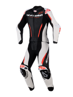 Alpinestars Stella GP-R7 2-delt læderdragt til kvinder, motorcykel-racerdragt til kvinder, sort hvid og rød fluo, med perforerede læderpaneler, integreret beskyttelse ved skuldre og knæ, aerodynamisk design og markant branding på brystet og benene