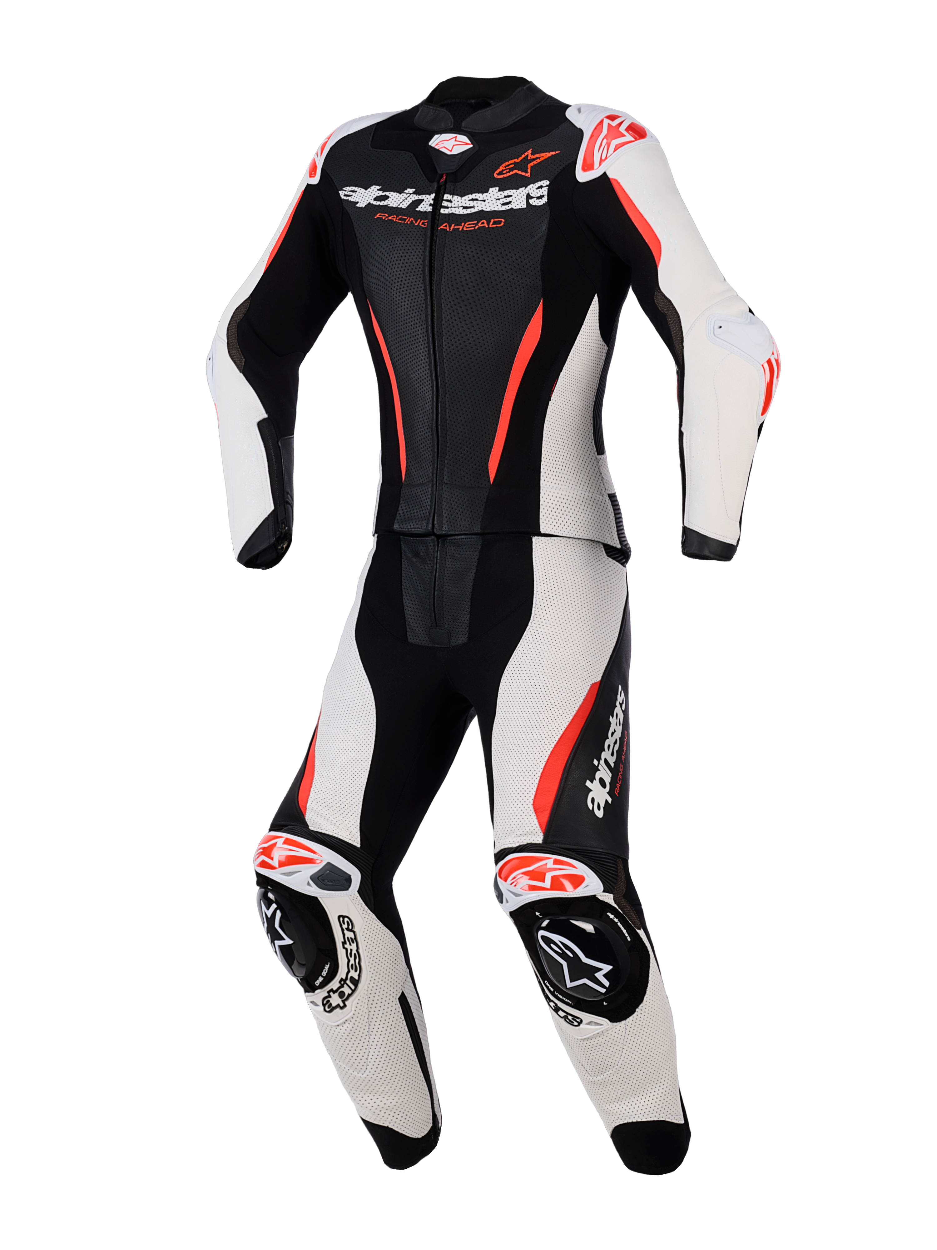 Alpinestars Stella GP-R7 2-delt læderdragt til kvinder, motorcykel-racerdragt til kvinder, sort hvid og rød fluo, med perforerede læderpaneler, integreret beskyttelse ved skuldre og knæ, aerodynamisk design og markant branding på brystet og benene