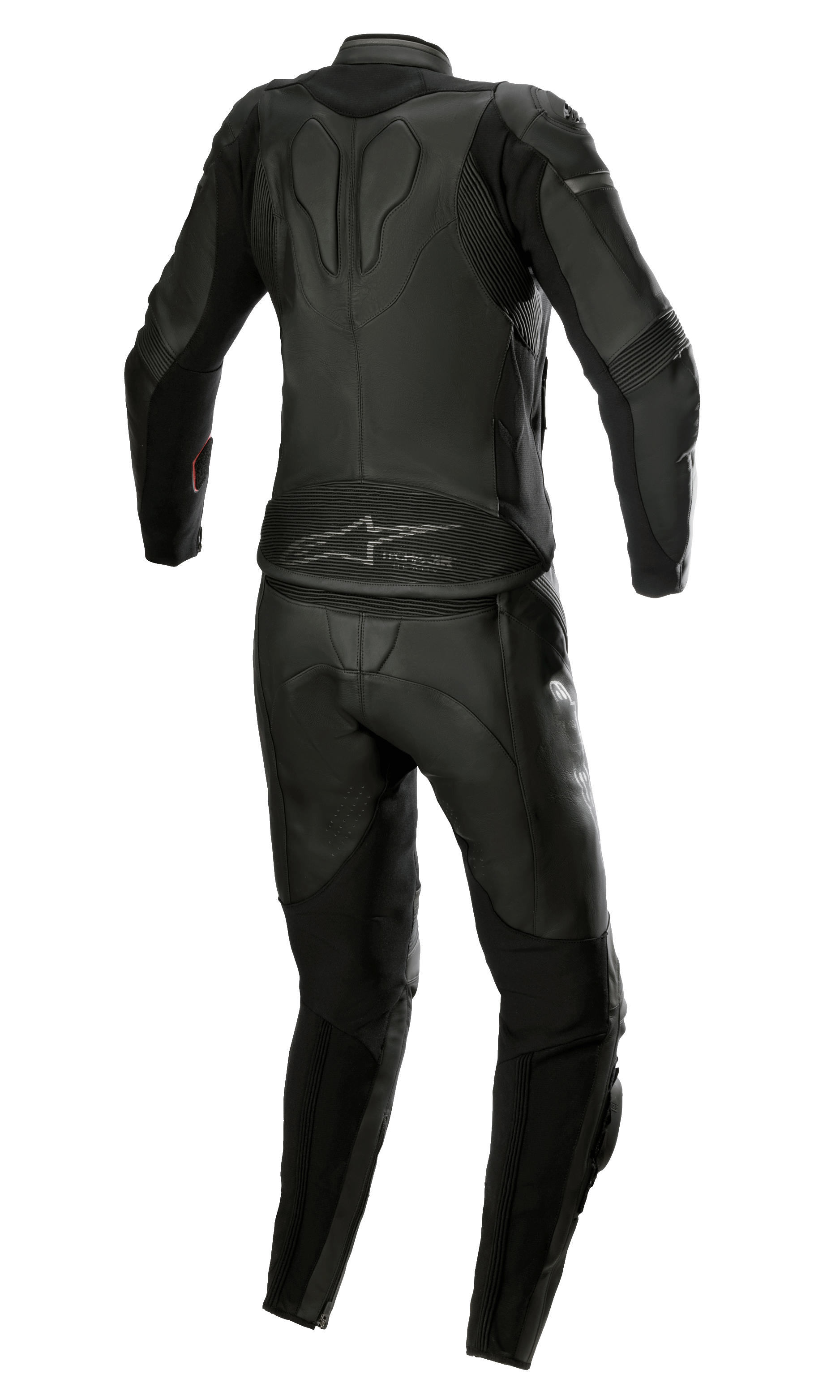 Alpinestars Stella GP Plus 2-delt læderdragt til kvinder, Black Metallic Gray, set bagfra, der viser det strømlinede design med harmonika-strækpaneler, beskyttende læderkonstruktion og Alpinestars-branding på lænden, specifikt skræddersyet til en race-pasform til kvinder.