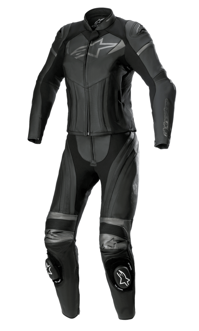 Alpinestars Women Stella GP Plus 2-Piece Leather Suit, Black Metallic Gray, featuring gray Alpinestars logos on the chest and knees, accordion leather stretch panels, and knee sliders, professional racing gear designed for a female-specific fit