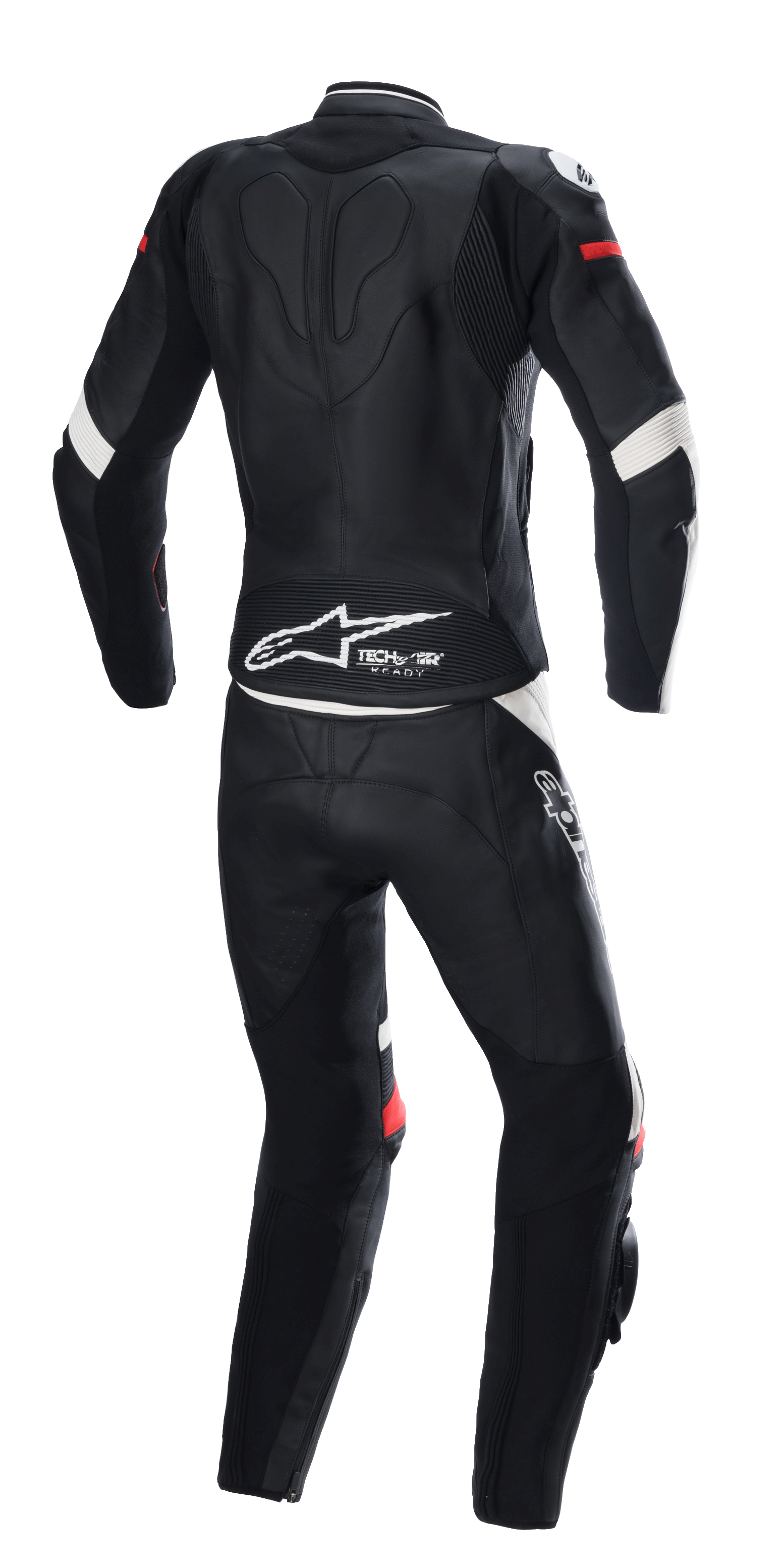 Alpinestars Stella GP Plus 2-delt læderdragt, sort, hvid og klar rød, set bagfra, med Tech-Air Ready-branding og Alpinestars-logo på lænden, ergonomisk beskyttelsesdragt med strækpaneler til motorcykelrace.