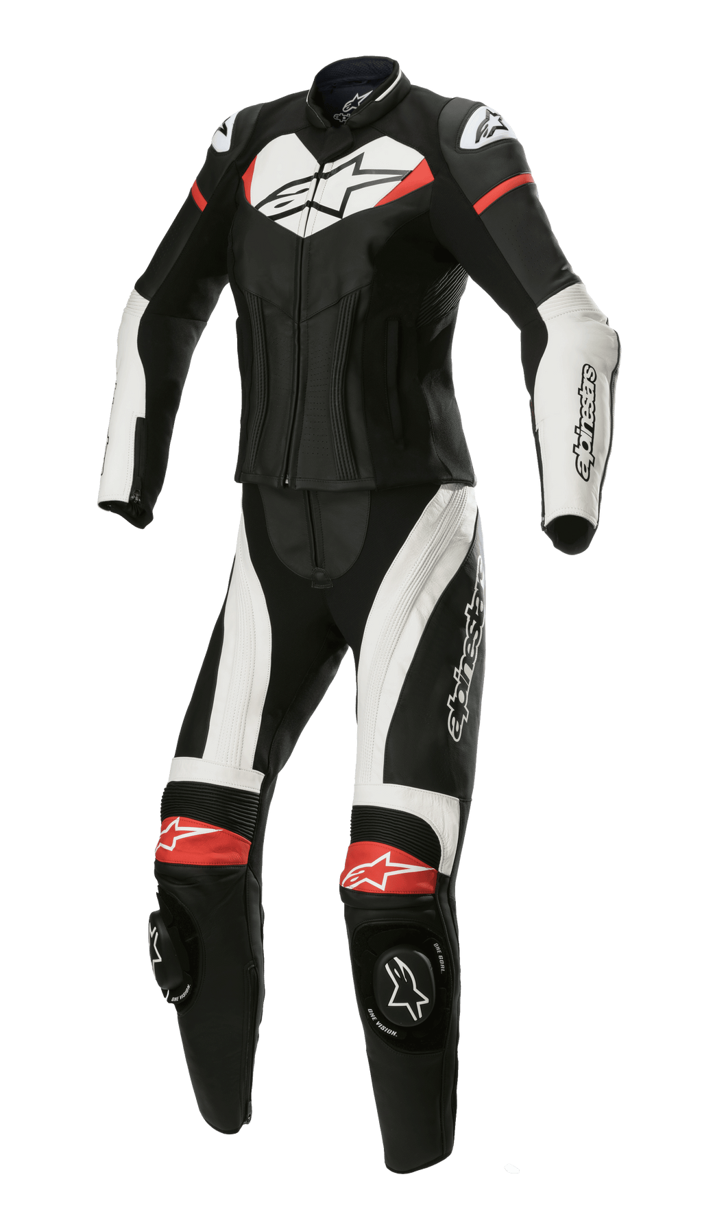 Alpinestars Stella GP Plus 2-delt læderdragt, motorcykelracerdragt til damer, sort med hvide og klare røde detaljer, to-delt læderkonstruktion med aerodynamisk profil, DFS Lite skulderbeskyttelse, knæglidere og strækpaneler for en dedikeret kvindepasform.