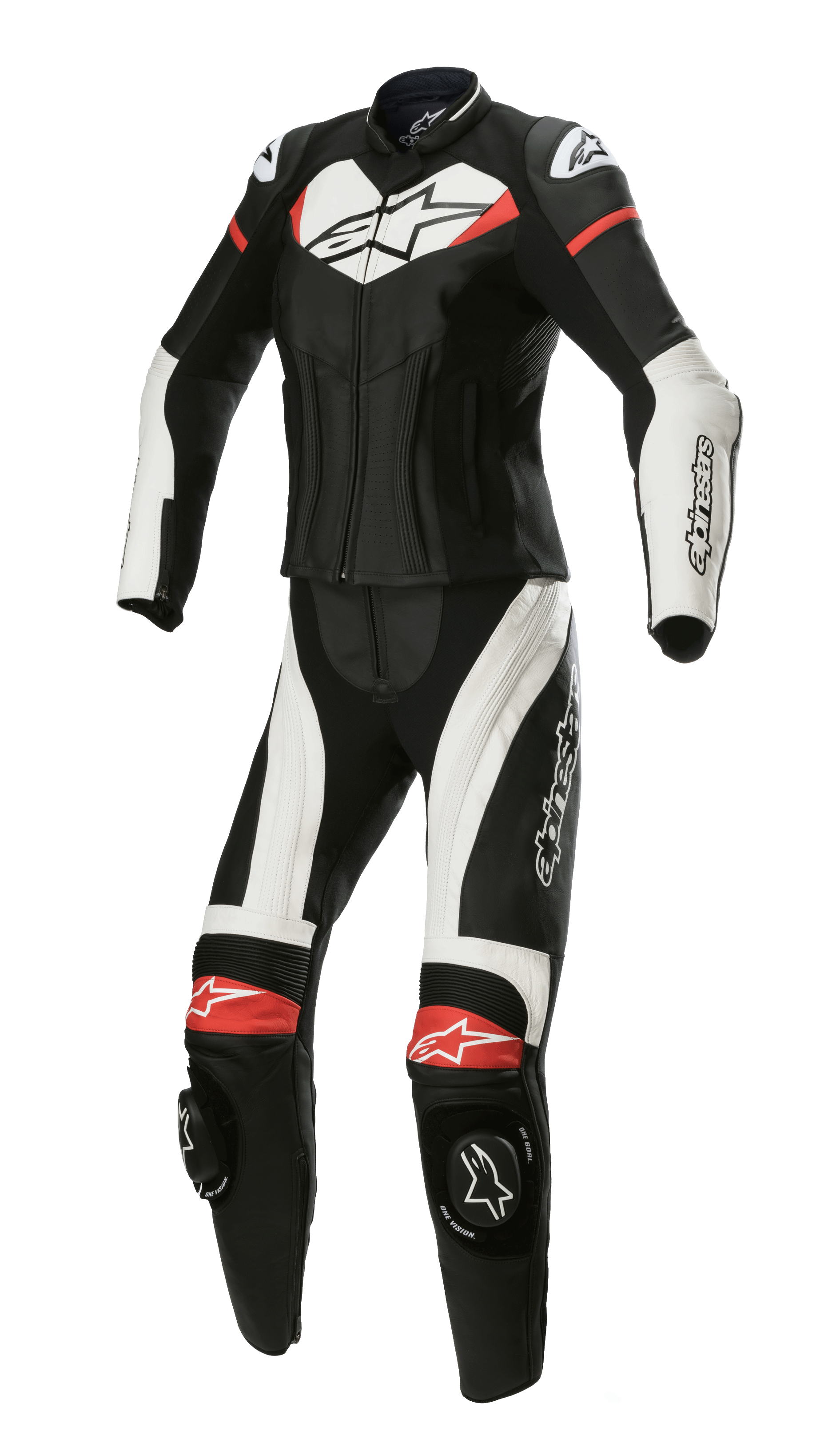 Alpinestars Stella GP Plus 2-delt læderdragt, motorcykelracerdragt til damer, sort med hvide og klare røde detaljer, to-delt læderkonstruktion med aerodynamisk profil, DFS Lite skulderbeskyttelse, knæglidere og strækpaneler for en dedikeret kvindepasform.