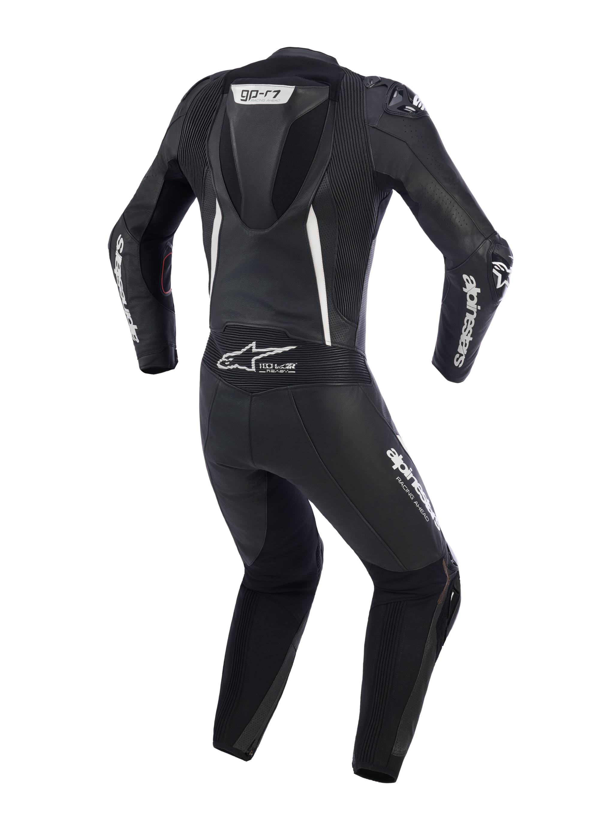 Alpinestars Woman Stella GP-R7 1-Piece Leather Suit, Black, back view showing aerodynamic speed hump, white Alpinestars branding on sleeves and legs, and Tech-Air® ready logo, professional women's motorcycle racing suit.