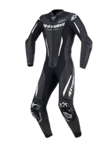 Alpinestars Stella GP-R7 1-Piece Leather Suit, Black Women's Motorcycle Suit, featuring white branding and perforated leather, aerodynamic racing fit with shoulder and knee sliders, professional track-ready protective gear