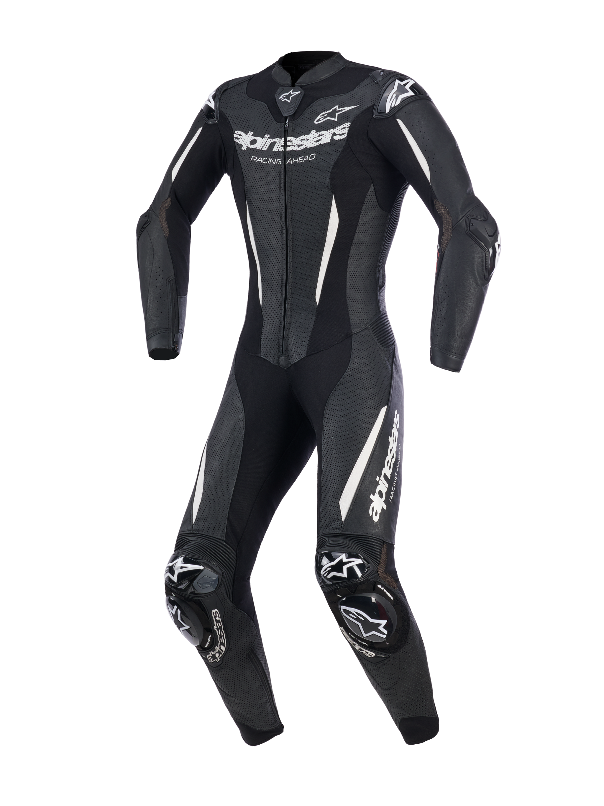Alpinestars Stella GP-R7 1-Piece Leather Suit, Black Women's Motorcycle Suit, featuring white branding and perforated leather, aerodynamic racing fit with shoulder and knee sliders, professional track-ready protective gear