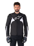 Alpinestars T-Jaws V4 Waterproof Jacket, Black and White, men's sport textile motorcycle jacket, featuring a white star logo on the chest, white shoulder accents, and white forearm stripes, high collar, athletic fit for road riding