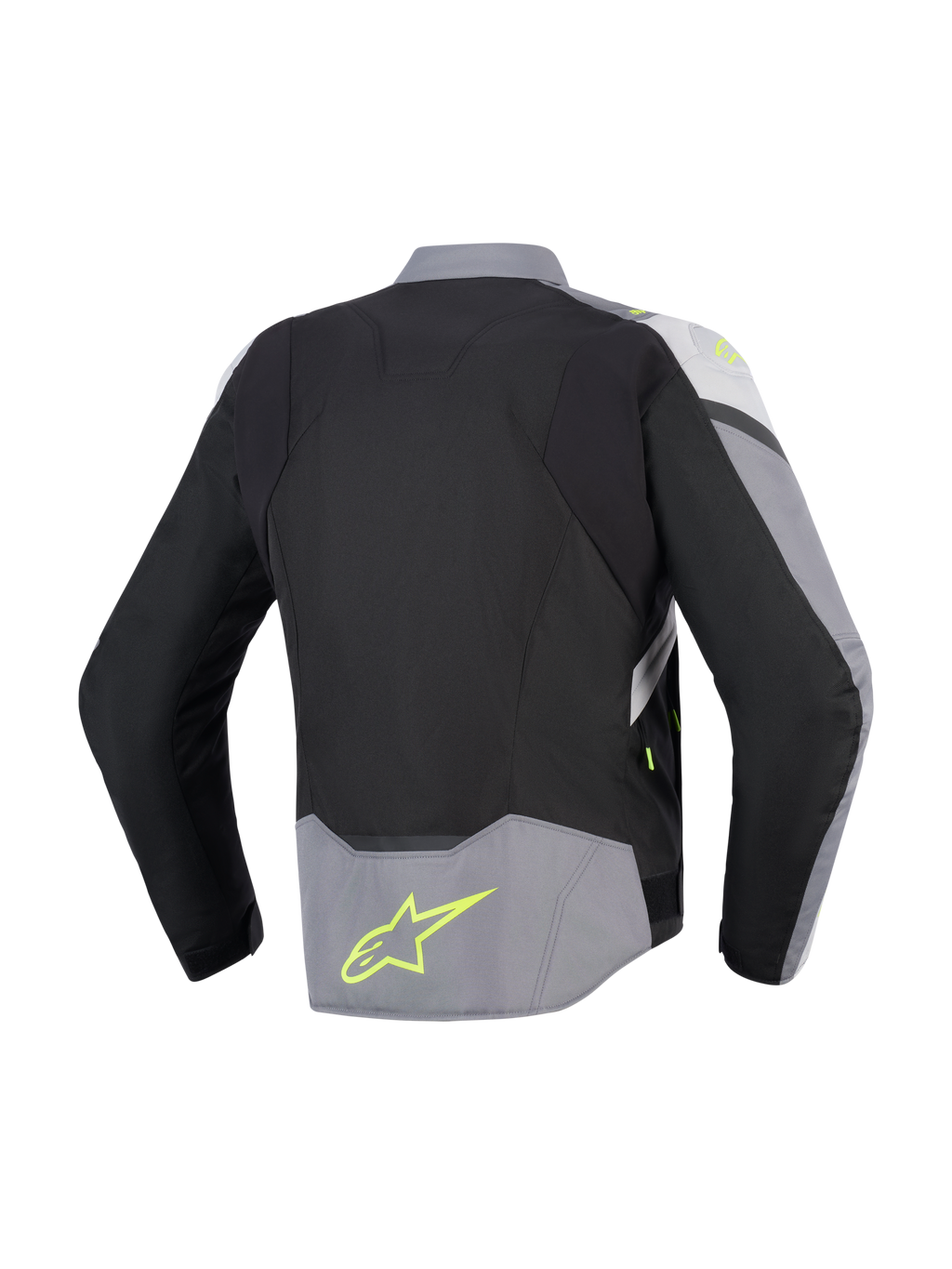 Alpinestars T-Jaws V4 Waterproof Jacket, set bagfra, sort, Ice Gray og mørkegrå, tekstil motorcykeljakke med fluorescerende gule detaljer og logo på lænden, sportspasform med forlænget rygprofil