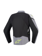 Alpinestars T-Jaws V4 Waterproof Jacket, set bagfra, sort, Ice Gray og mørkegrå, tekstil motorcykeljakke med fluorescerende gule detaljer og logo på lænden, sportspasform med forlænget rygprofil