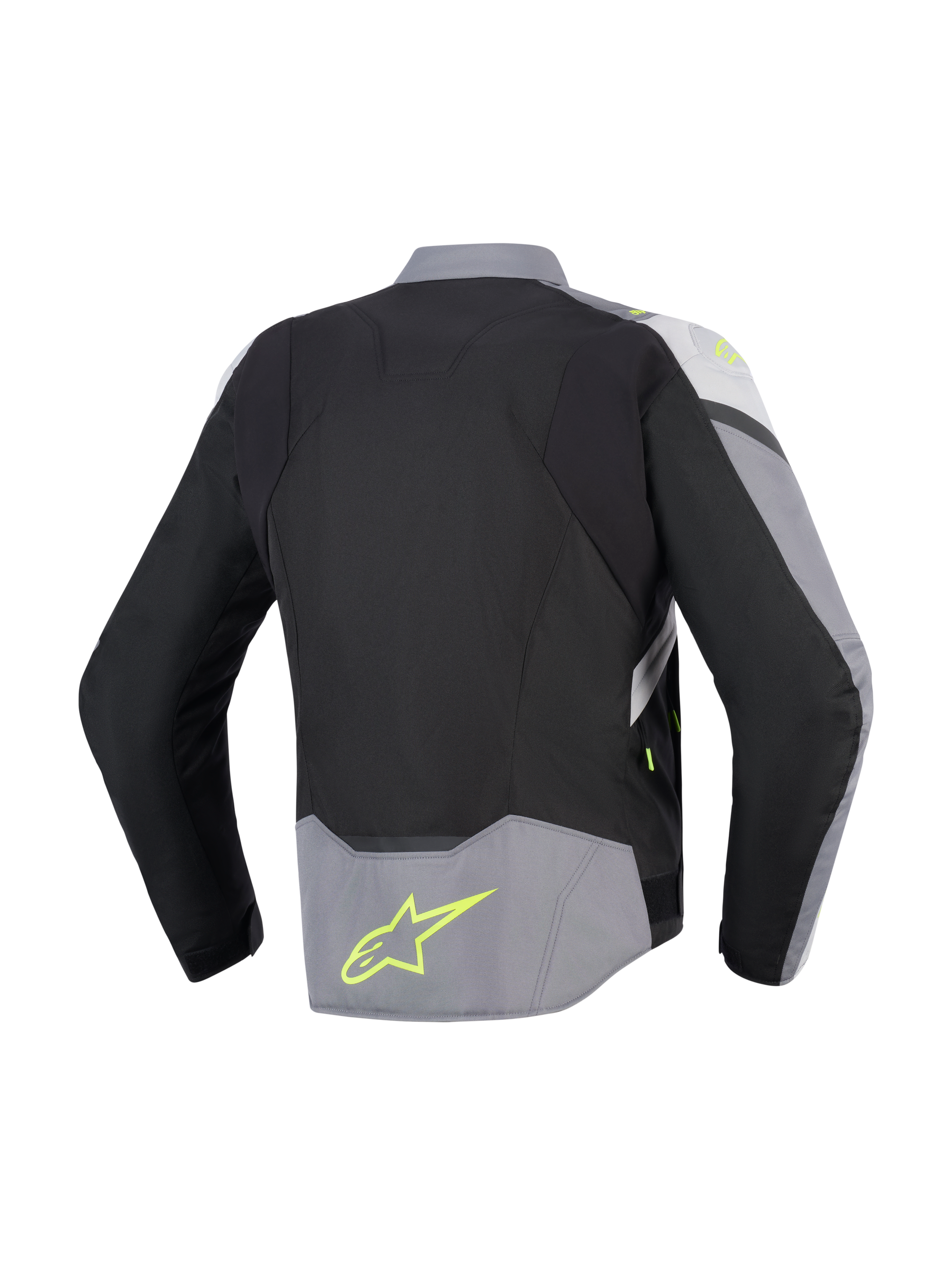 Alpinestars T-Jaws V4 Waterproof Jacket, set bagfra, sort, Ice Gray og mørkegrå, tekstil motorcykeljakke med fluorescerende gule detaljer og logo på lænden, sportspasform med forlænget rygprofil