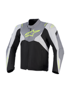 Alpinestars T-Jaws V4 Vandtæt Jakke, tekstil motorcykeljakke, sort, Ice Gray og mørkegrå med fluorescerende gul branding, stort neon logo på brystet og beskyttende skulderpaneler