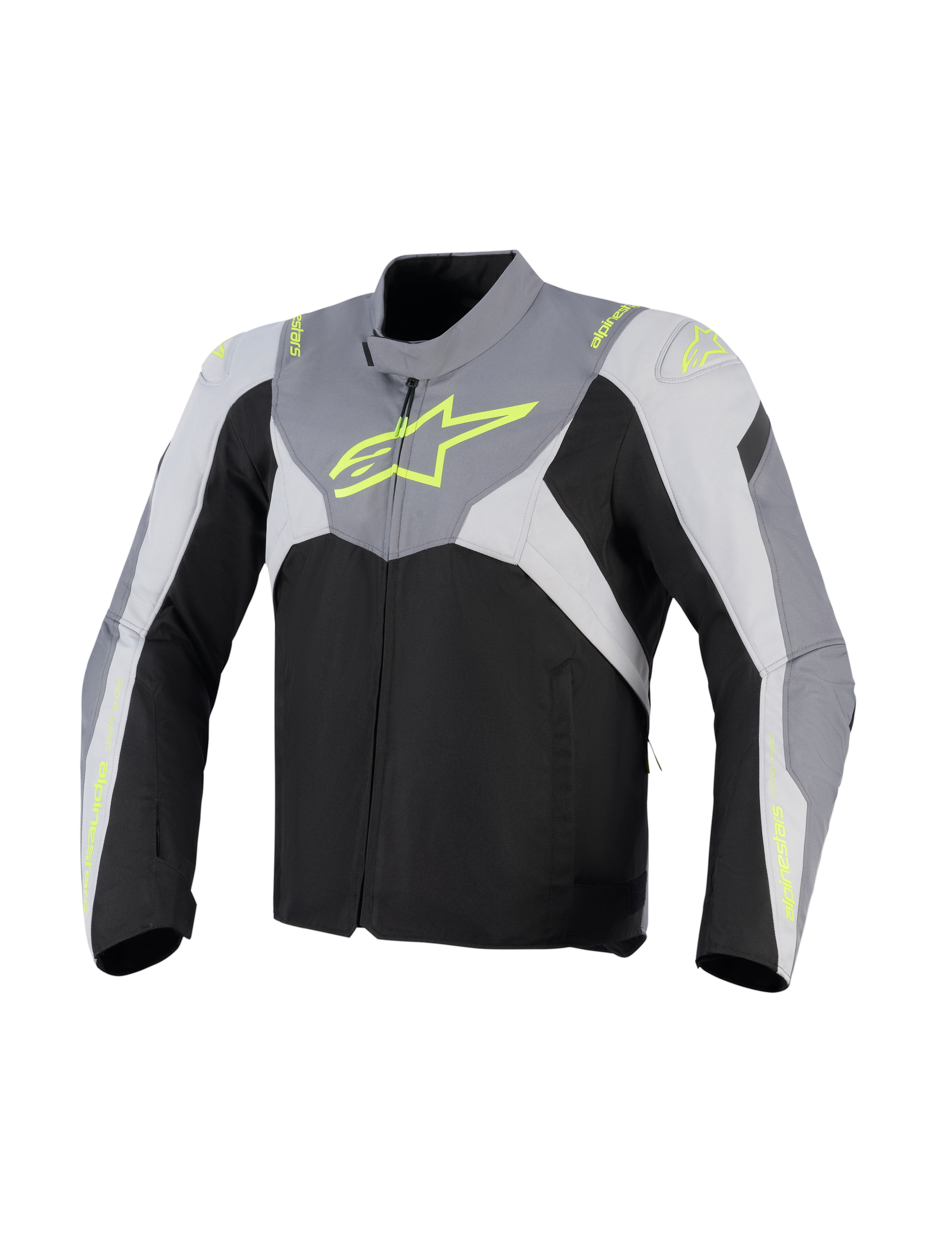 Alpinestars T-Jaws V4 Vandtæt Jakke, tekstil motorcykeljakke, sort, Ice Gray og mørkegrå med fluorescerende gul branding, stort neon logo på brystet og beskyttende skulderpaneler