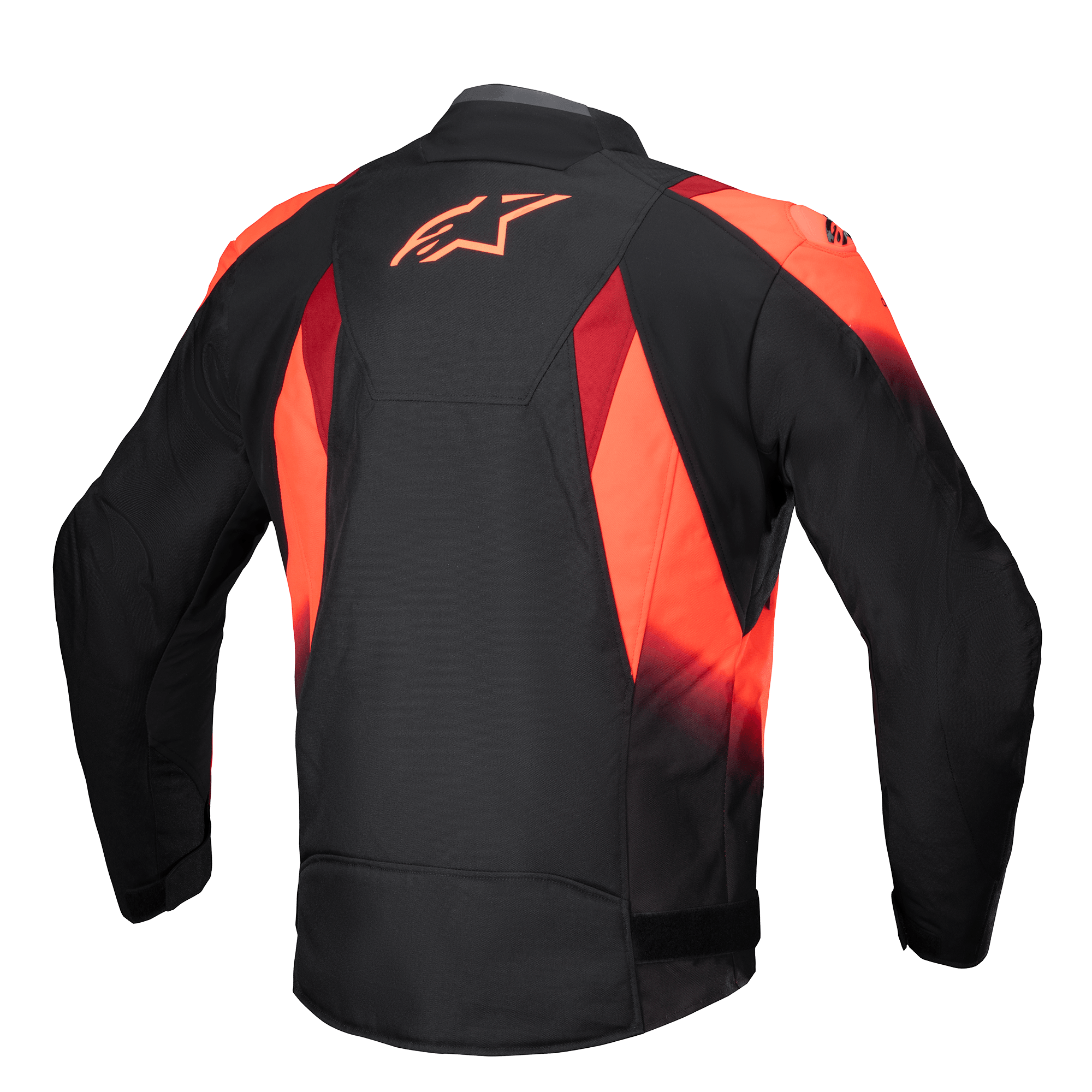Alpinestars T-SP 1 V2 Waterproof Jacket, rear view, Black and Red Fluo, textile motorcycle jacket featuring a bold red Astars logo on the upper back, sublimated graphics, and a sport tailored silhouette