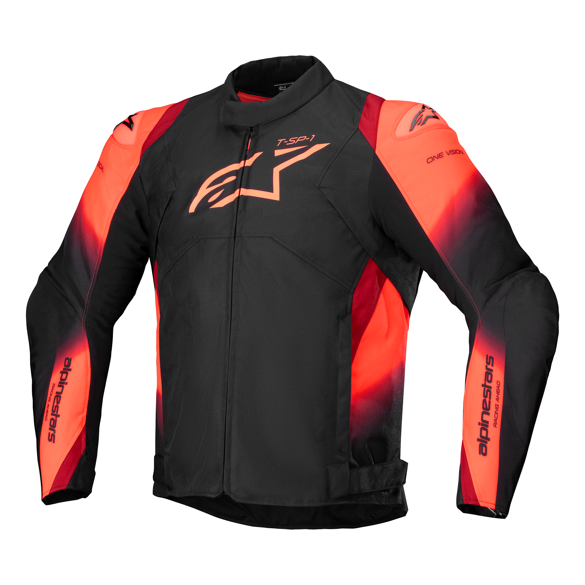 Alpinestars T-SP 1 V2 Waterproof Jacket, Motorcycle Jacket, Black and Red Fluo, featuring a high collar and long sleeves, prominent Alpinestars logo on the chest and sleeve branding, sporty textile design with vibrant reddish-orange accents, waterproof construction with shoulder sliders