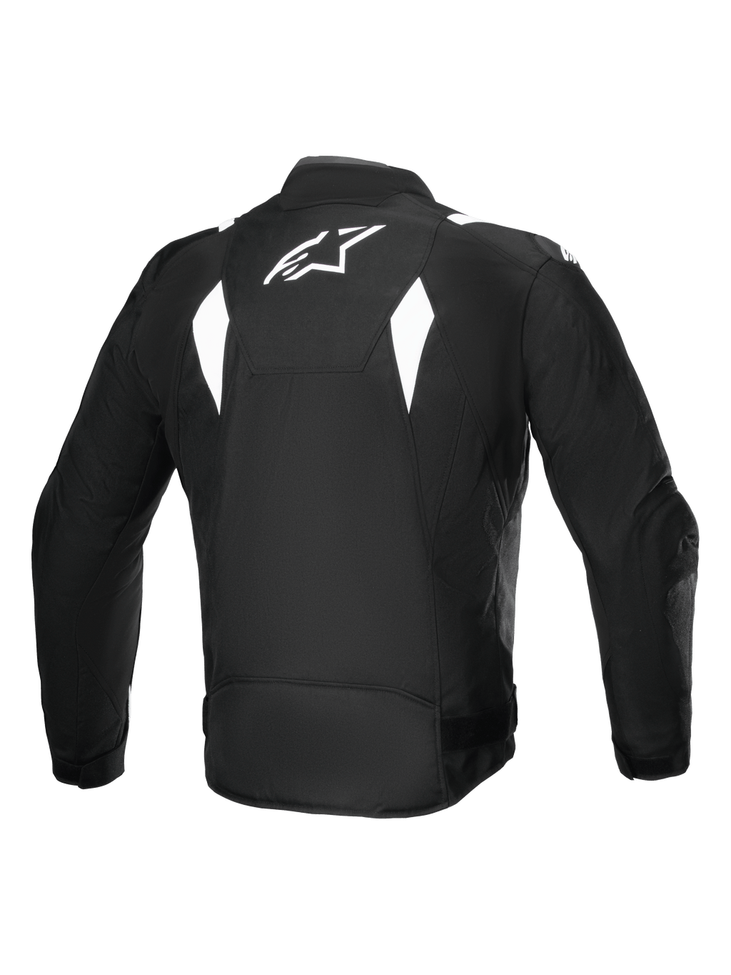 Alpinestars T-SP 1 V2 Vandtæt Jakke, set bagfra, sort og hvid, hvidt Alpinestars-logo på ryggen, tekstil motorcykeljakke med kantede hvide detaljer, sportssilhuet