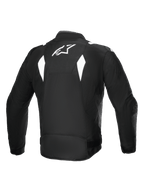 Alpinestars T-SP 1 V2 Vandtæt Jakke, set bagfra, sort og hvid, hvidt Alpinestars-logo på ryggen, tekstil motorcykeljakke med kantede hvide detaljer, sportssilhuet