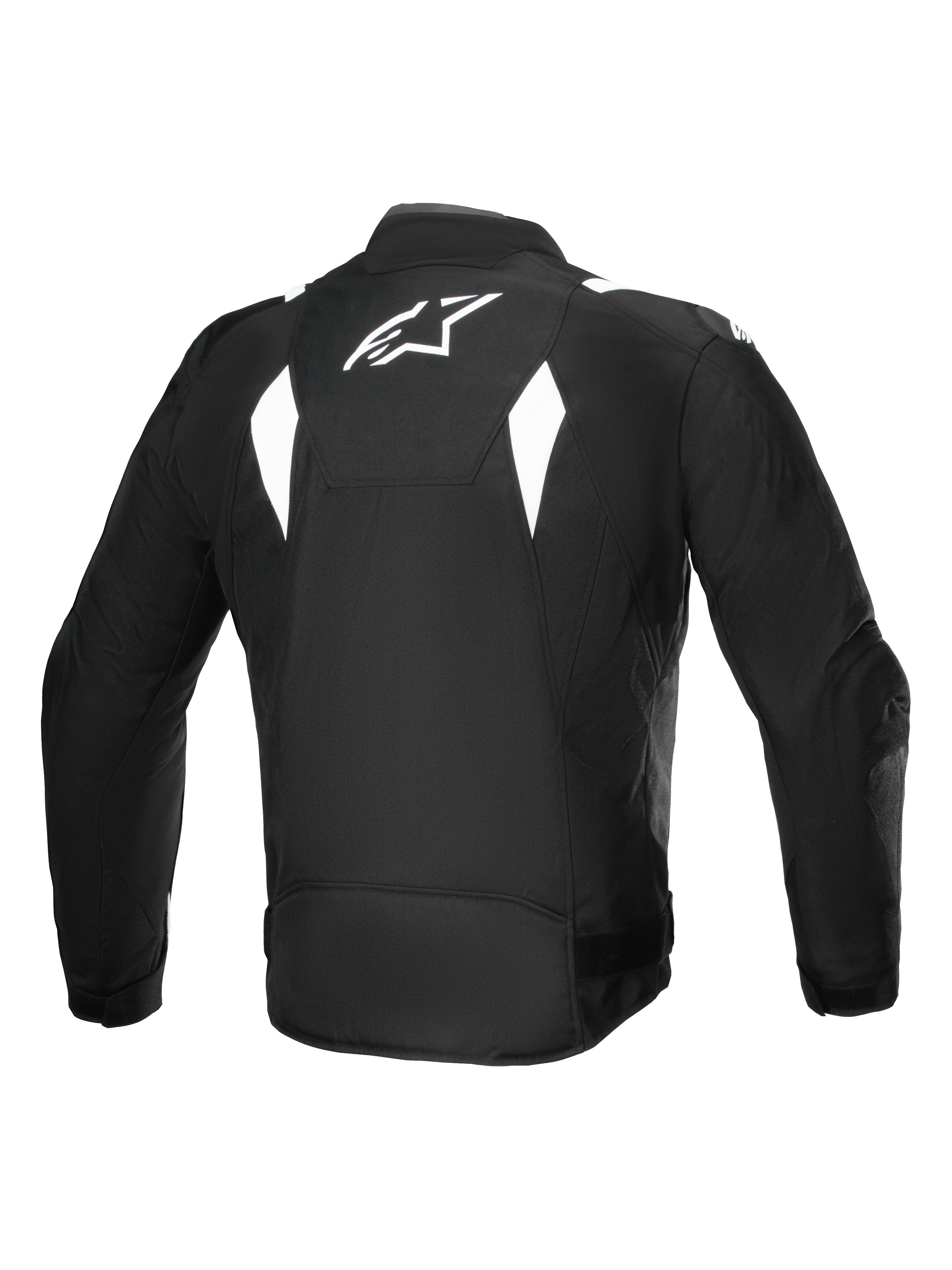 Alpinestars T-SP 1 V2 Vandtæt Jakke, set bagfra, sort og hvid, hvidt Alpinestars-logo på ryggen, tekstil motorcykeljakke med kantede hvide detaljer, sportssilhuet