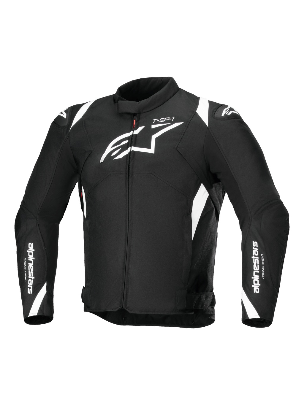Alpinestars T-SP 1 V2 vandtæt jakke, tekstil motorcykeljakke, sort og hvid, med et stort hvidt Astars-logo på brystet, branding på ærmerne og skuldrene og en teknisk sportsinspireret silhuet.