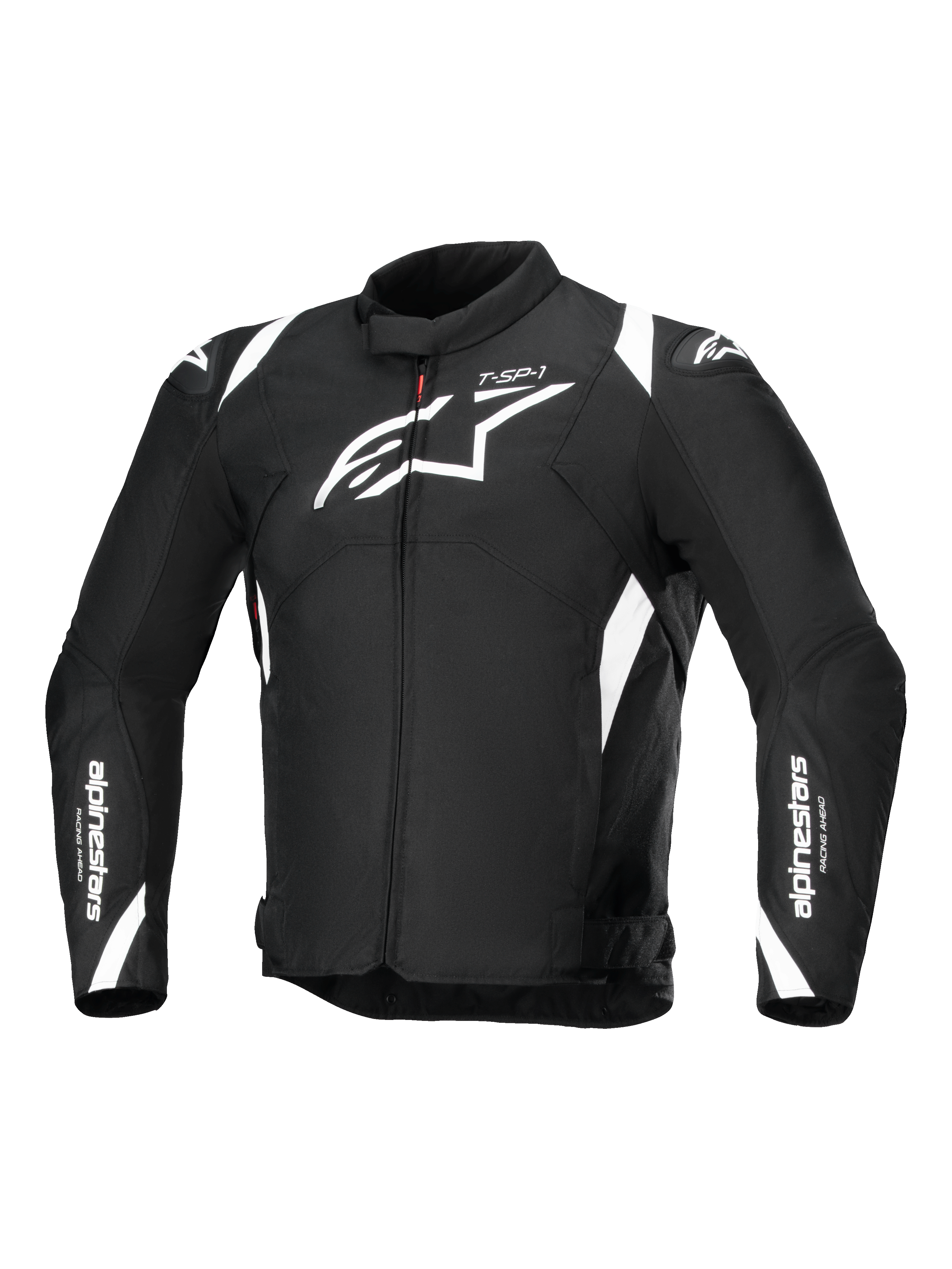 Alpinestars T-SP 1 V2 vandtæt jakke, tekstil motorcykeljakke, sort og hvid, med et stort hvidt Astars-logo på brystet, branding på ærmerne og skuldrene og en teknisk sportsinspireret silhuet.