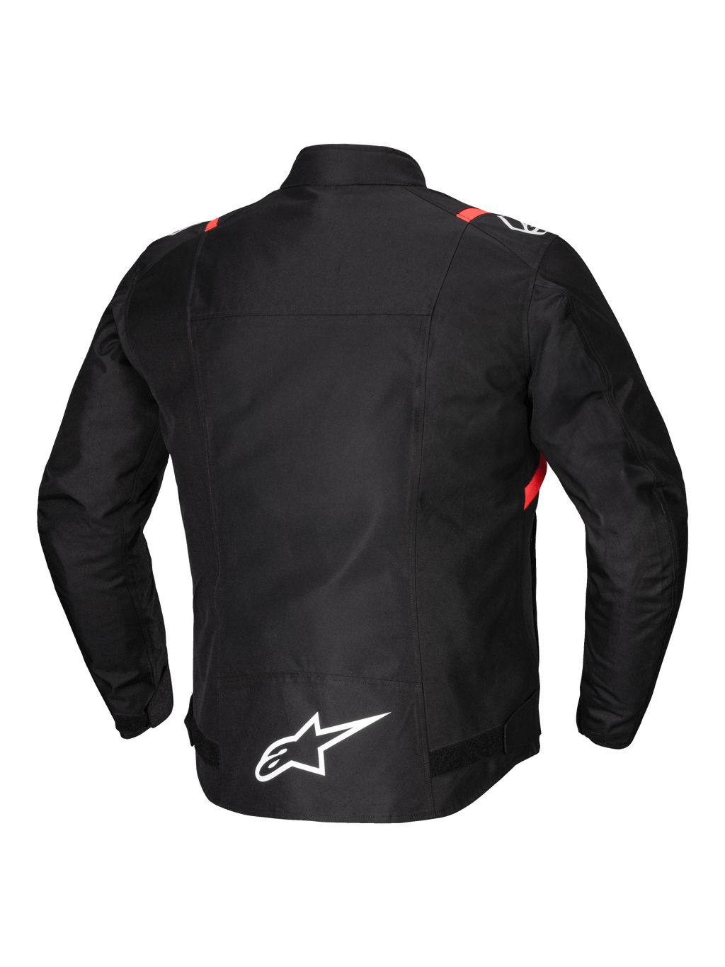 Alpinestars T-SPS V2 Vandtæt Jakke, herre-motorcykeltekstiljakke set bagfra, sort med hvide og røde fluo-detaljer, reflekterende detaljer og forlænget ryg