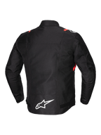 Alpinestars T-SPS V2 Vandtæt Jakke, herre-motorcykeltekstiljakke set bagfra, sort med hvide og røde fluo-detaljer, reflekterende detaljer og forlænget ryg