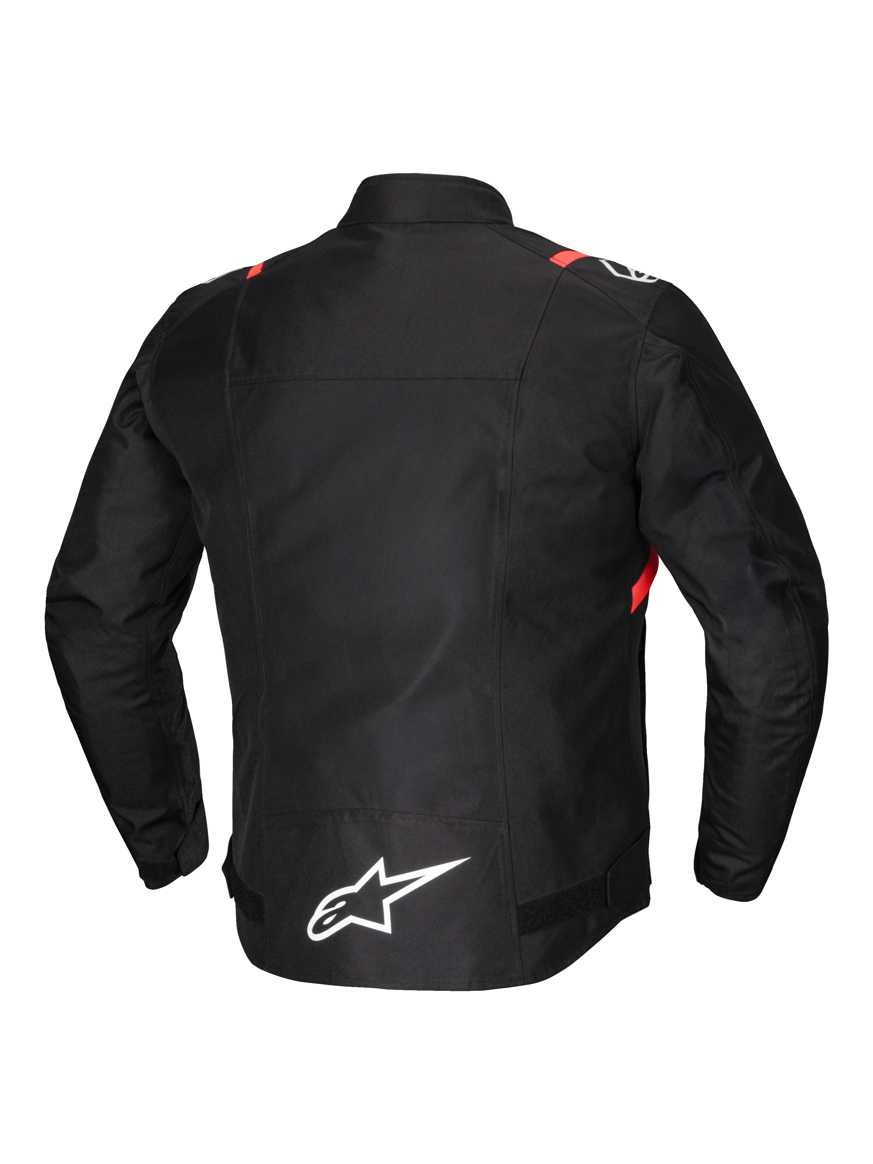 Alpinestars T-SPS V2 Vandtæt Jakke, herre-motorcykeltekstiljakke set bagfra, sort med hvide og røde fluo-detaljer, reflekterende detaljer og forlænget ryg