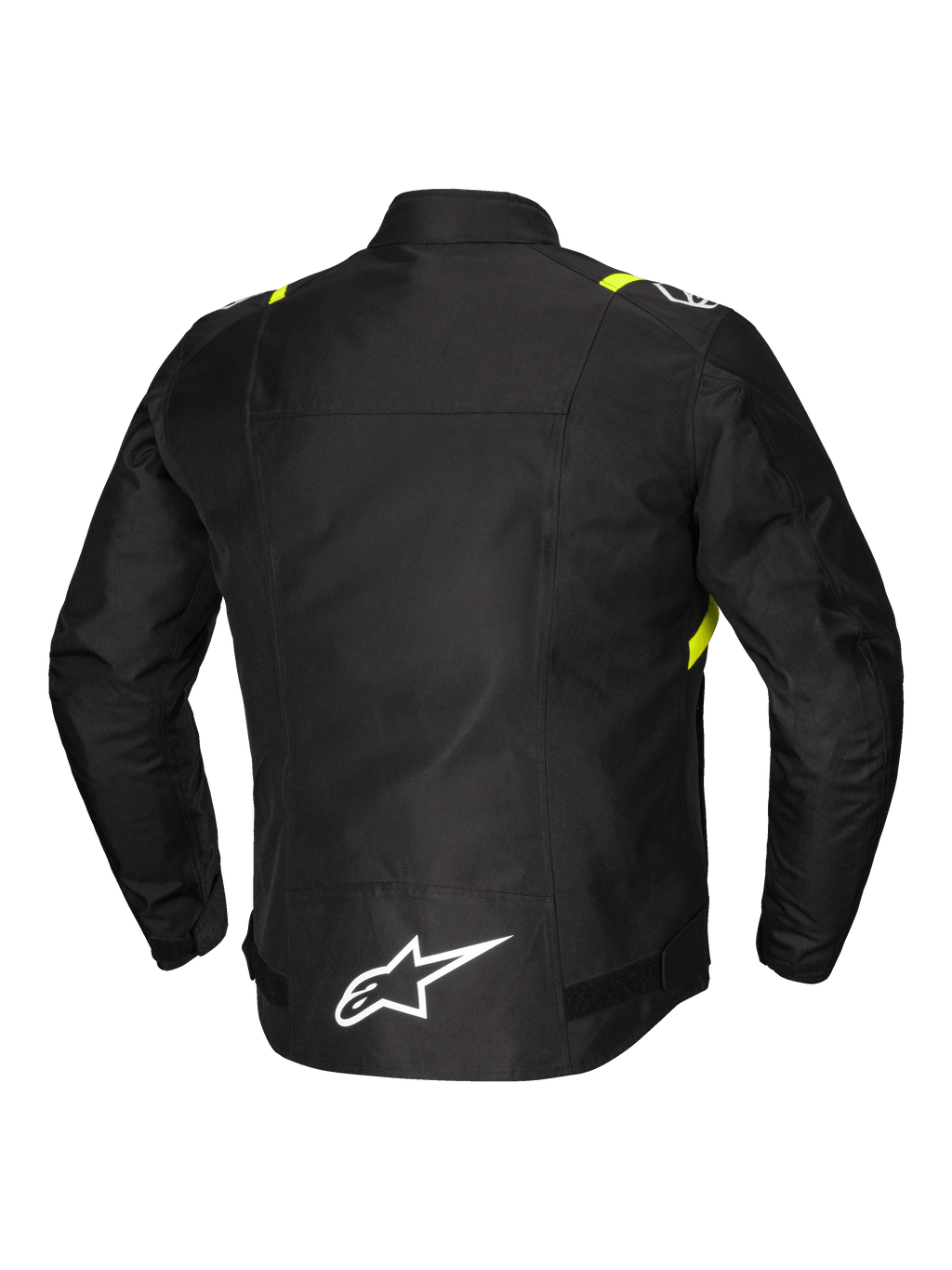 Alpinestars T-SPS V2 Vandtæt Jakke, herre-motorcykeltekstiljakke set bagfra, sort med hvide og gule fluo-detaljer, hvidt logo på forlænget ryg