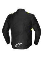 Alpinestars T-SPS V2 Vandtæt Jakke, herre-motorcykeltekstiljakke set bagfra, sort med hvide og gule fluo-detaljer, hvidt logo på forlænget ryg