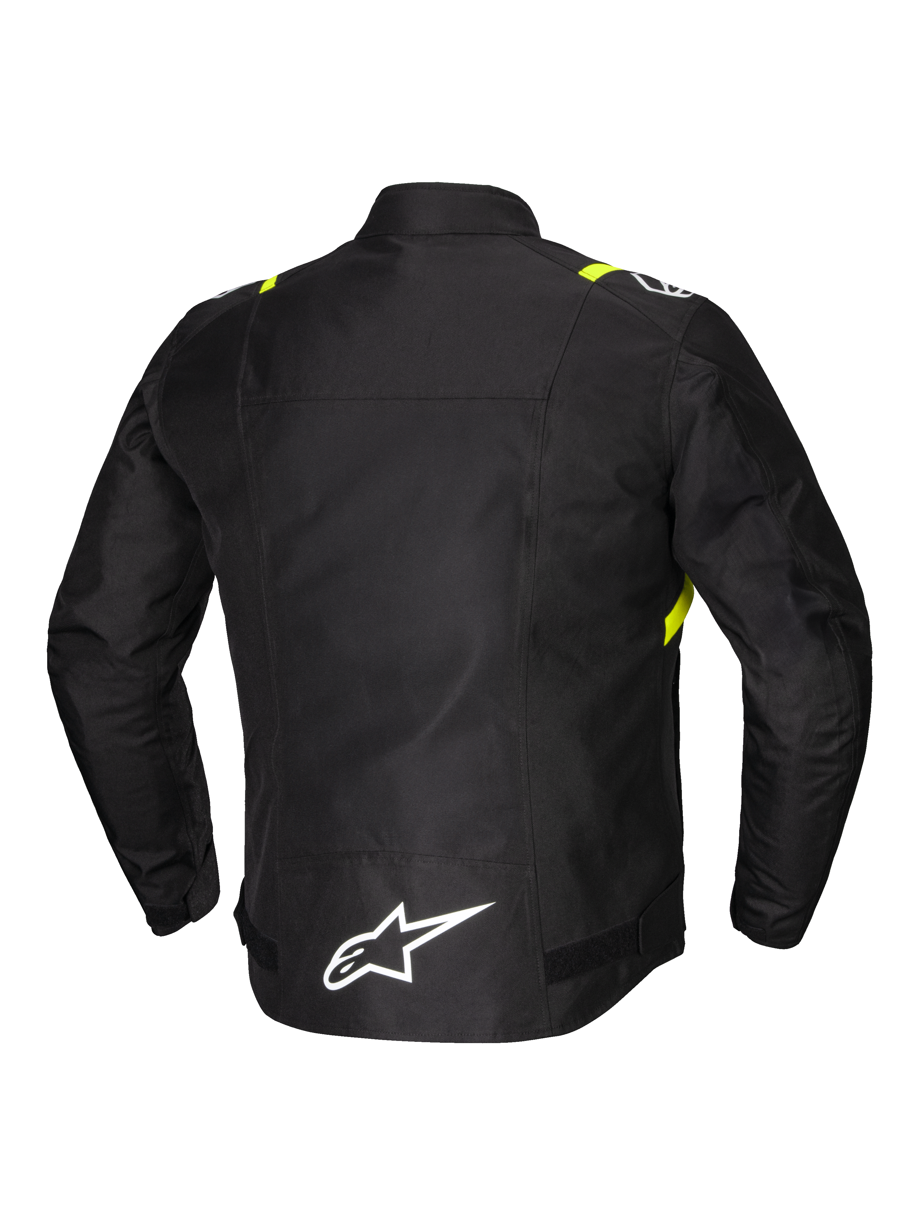 Alpinestars T-SPS V2 Vandtæt Jakke, herre-motorcykeltekstiljakke set bagfra, sort med hvide og gule fluo-detaljer, hvidt logo på forlænget ryg