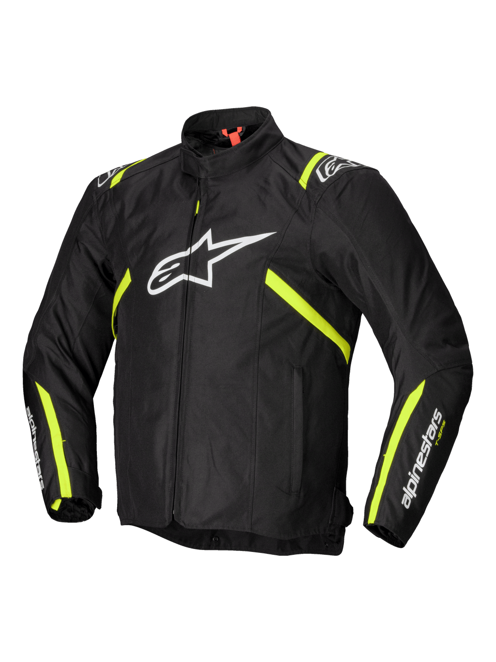 Alpinestars T-SPS V2 Vandtæt Jakke, herre-motorcykeljakke i tekstil, sort med hvide og gule flou-detaljer, CE-certificeret beskyttelse