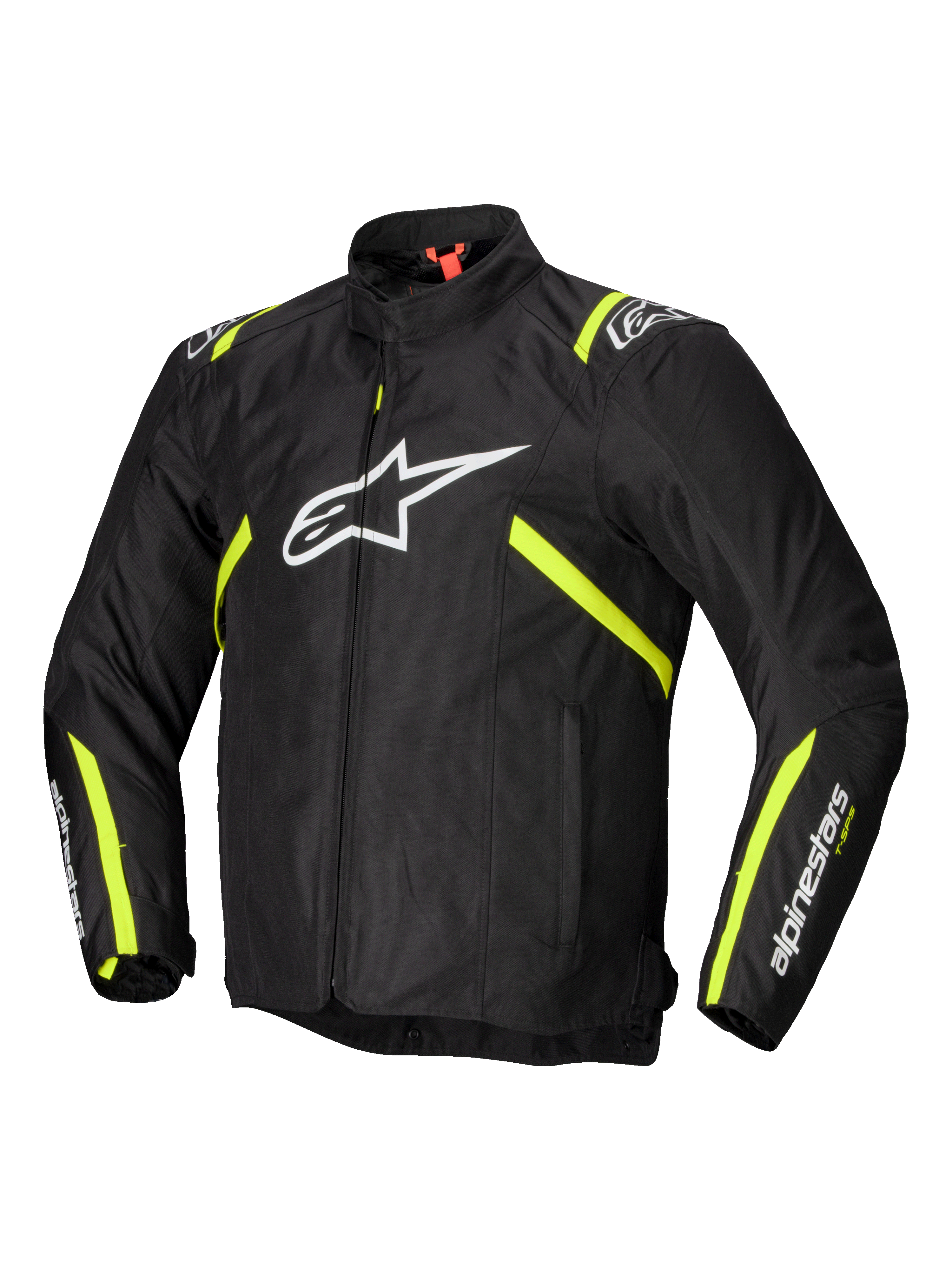 Alpinestars T-SPS V2 Vandtæt Jakke, herre-motorcykeljakke i tekstil, sort med hvide og gule flou-detaljer, CE-certificeret beskyttelse