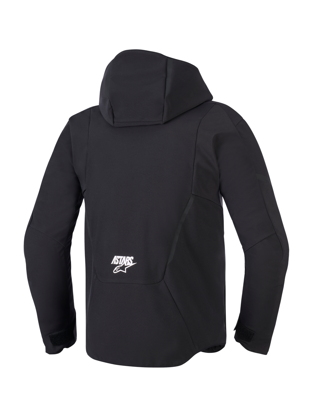 Alpinestars Aeroshell Waterproof Jacket, Black, back view featuring the integrated hood and white ASTARS logo on the lower back, modern softshell motorcycle jacket with technical waterproof design