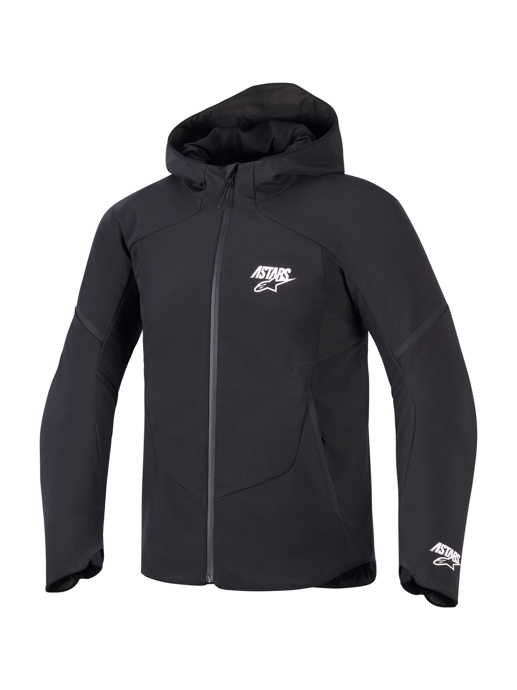 Alpinestars Aeroshell Waterproof Jacket, Black, front view of a hooded motorcycle jacket featuring white ASTARS branding on the chest and cuff, sleek textile finish with a waterproof front zipper