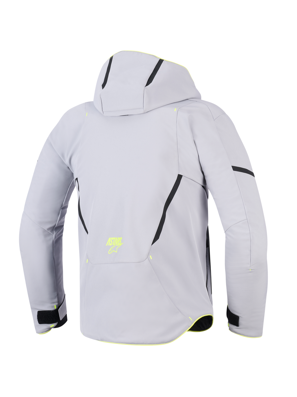 Alpinestars Aeroshell vandtæt jakke, Mid Gray Yellow Fluo, motorcykeljakke med hætte set bagfra, lysegrå tekstil-softshell med sorte diagonale detaljer, gult fluorescerende ASTARS-logo på lænden, moderne sportsfokuseret design