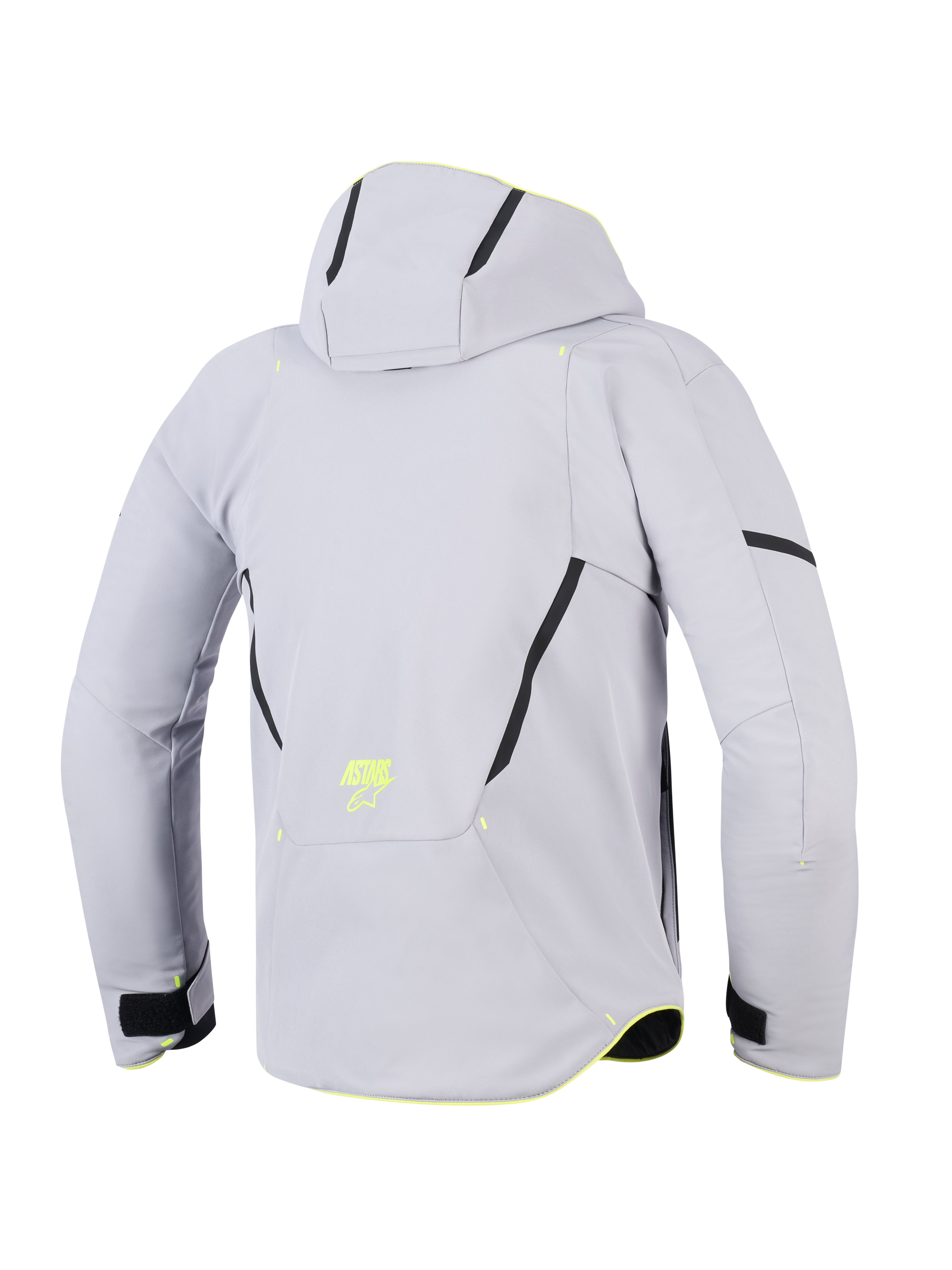 Alpinestars Aeroshell vandtæt jakke, Mid Gray Yellow Fluo, motorcykeljakke med hætte set bagfra, lysegrå tekstil-softshell med sorte diagonale detaljer, gult fluorescerende ASTARS-logo på lænden, moderne sportsfokuseret design