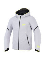 Alpinestars Aeroshell vandtæt jakke, mellemgrå og gul fluo, sports-softshell motorcykeljakke med hætte, med neongule ASTARS-logoer, sort vandtæt lynlås og moderne atletisk pasform.